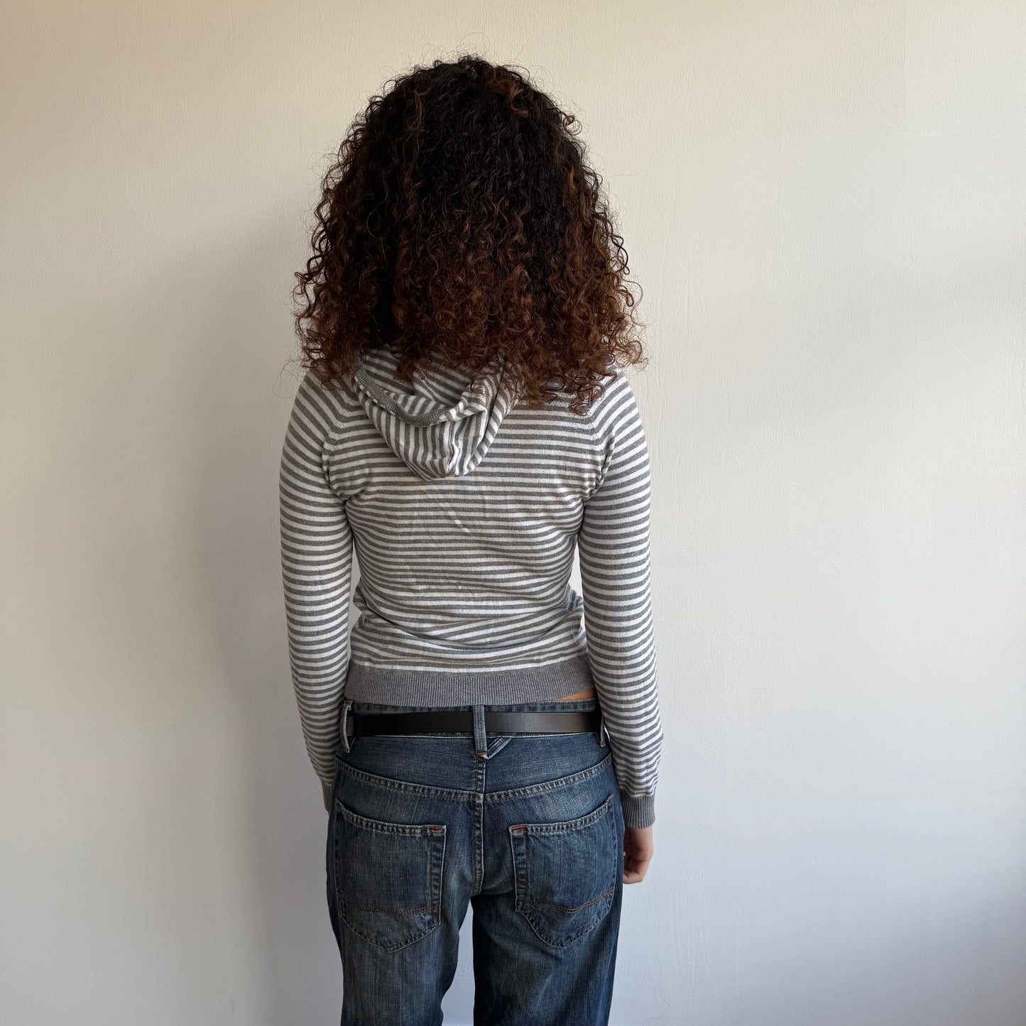 Grey + white striped knit hoodie - Size XS, S + M