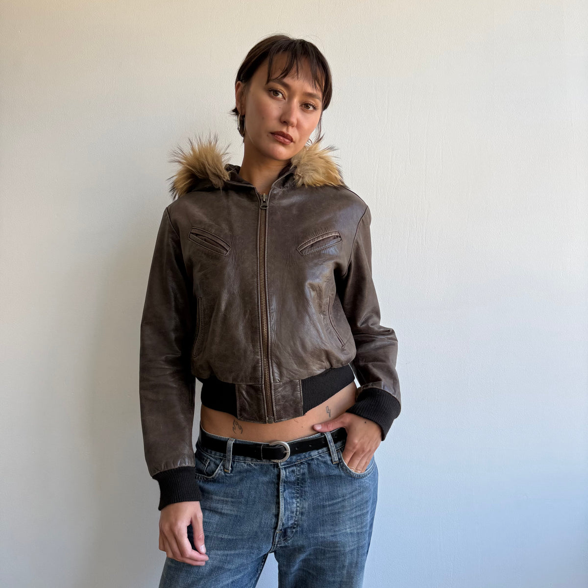 Brown leather fur hood bomber - Size S/M
