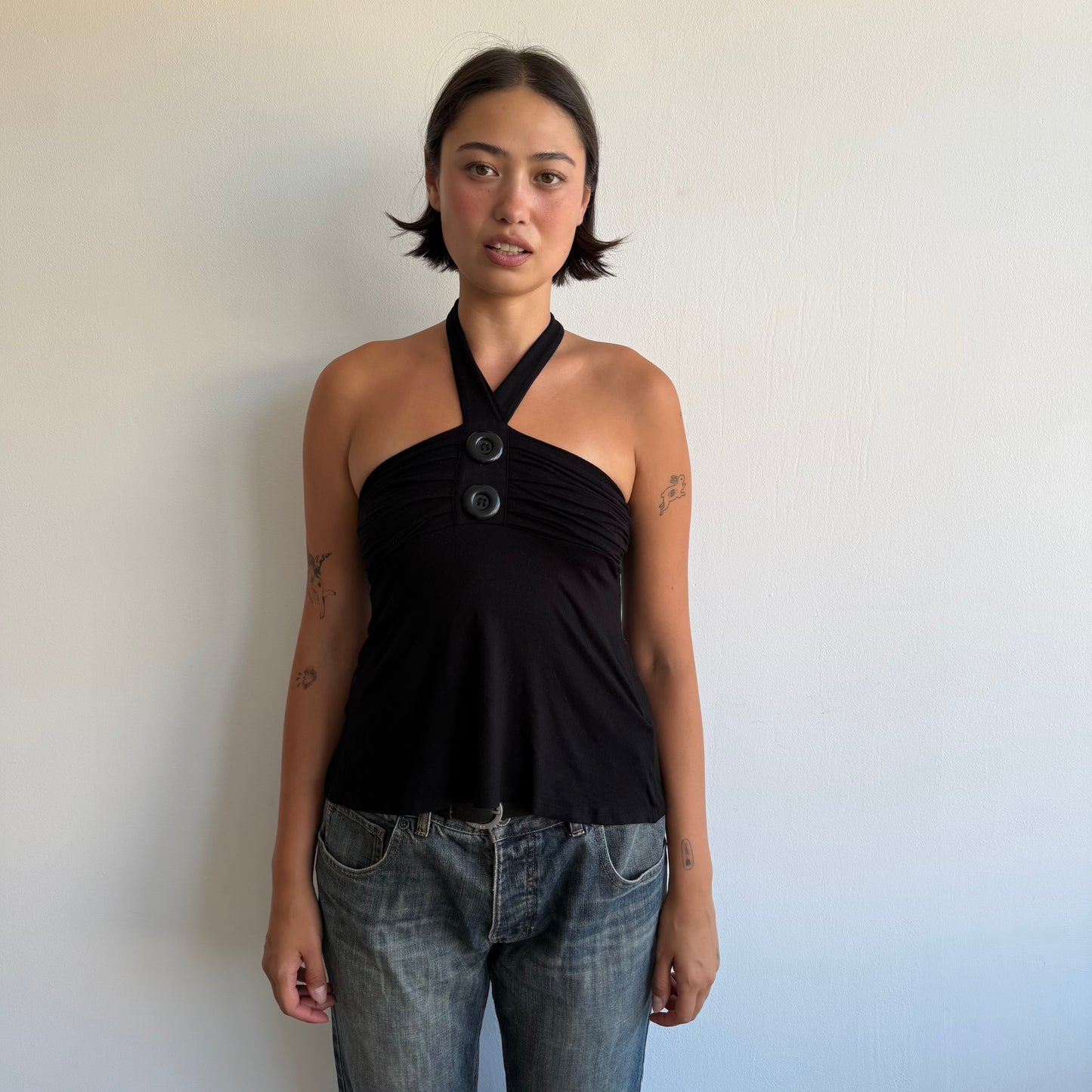 Black bandeau button halter top - Size S