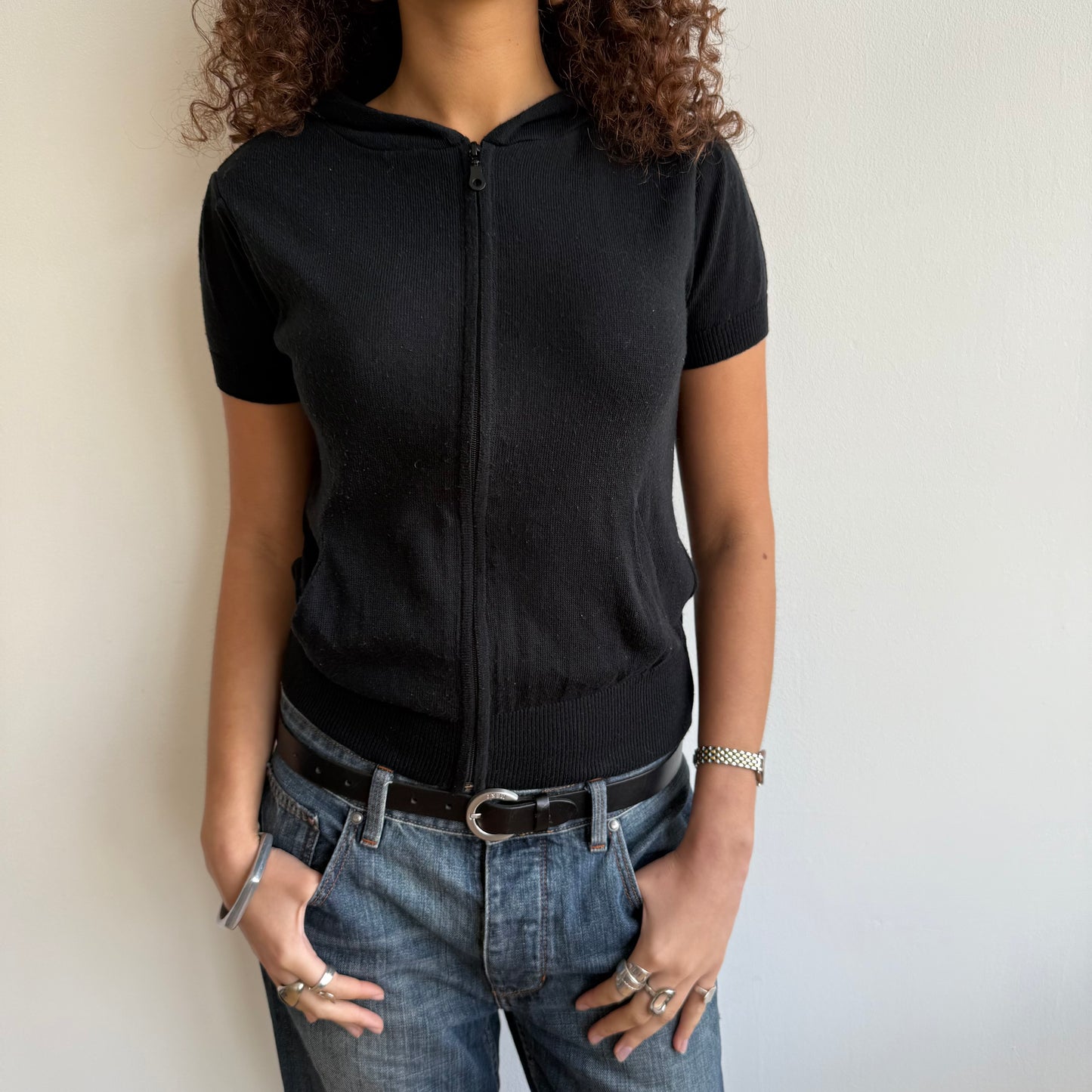Black short sleeve knit hoodie - Size XS