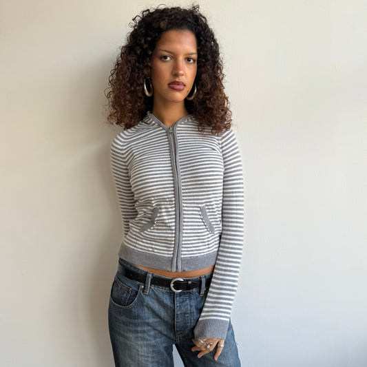 Grey + white striped knit hoodie - Size XS, S + M