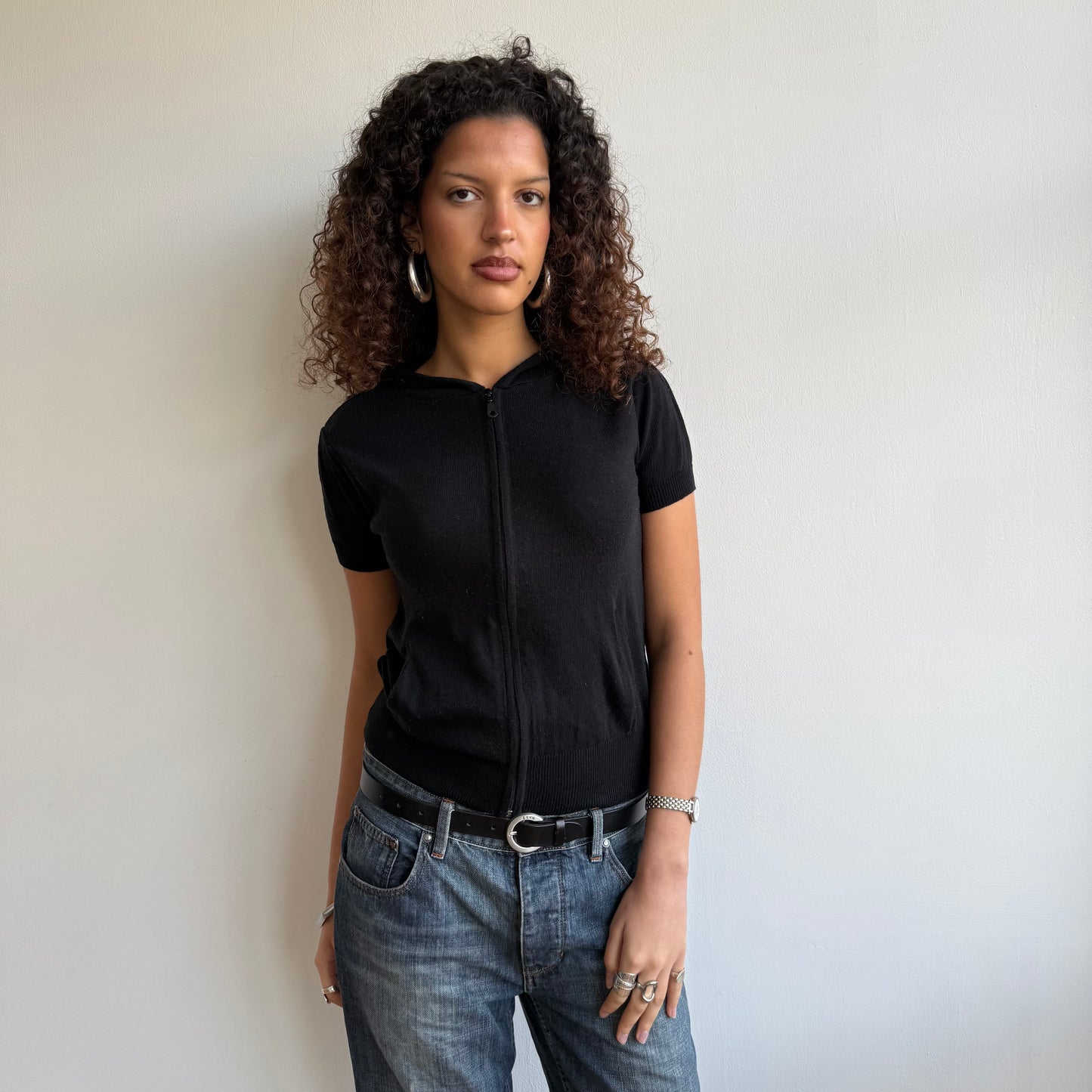 Black short sleeve knit hoodie - Size XS