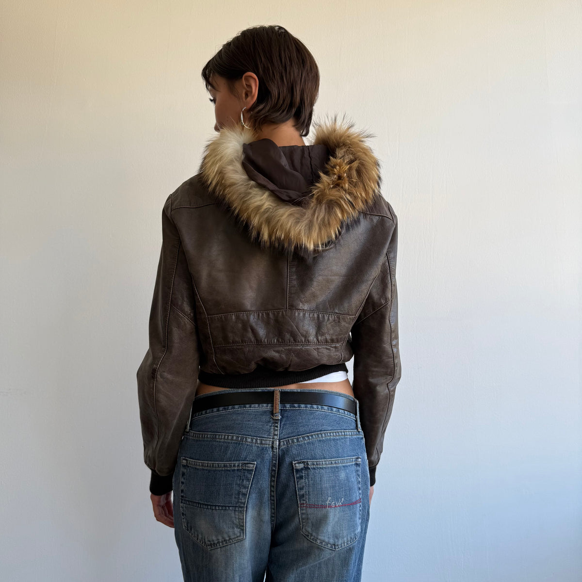 Brown leather fur hood bomber - Size S/M