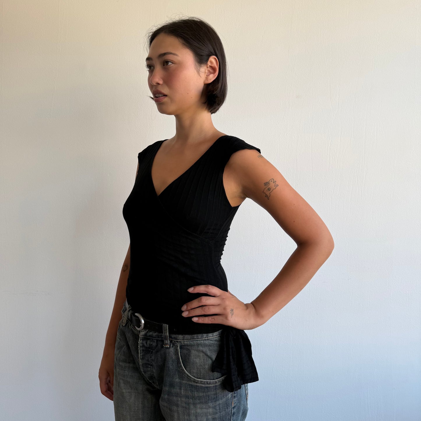 Black ribbed wrap tie side top - Size S