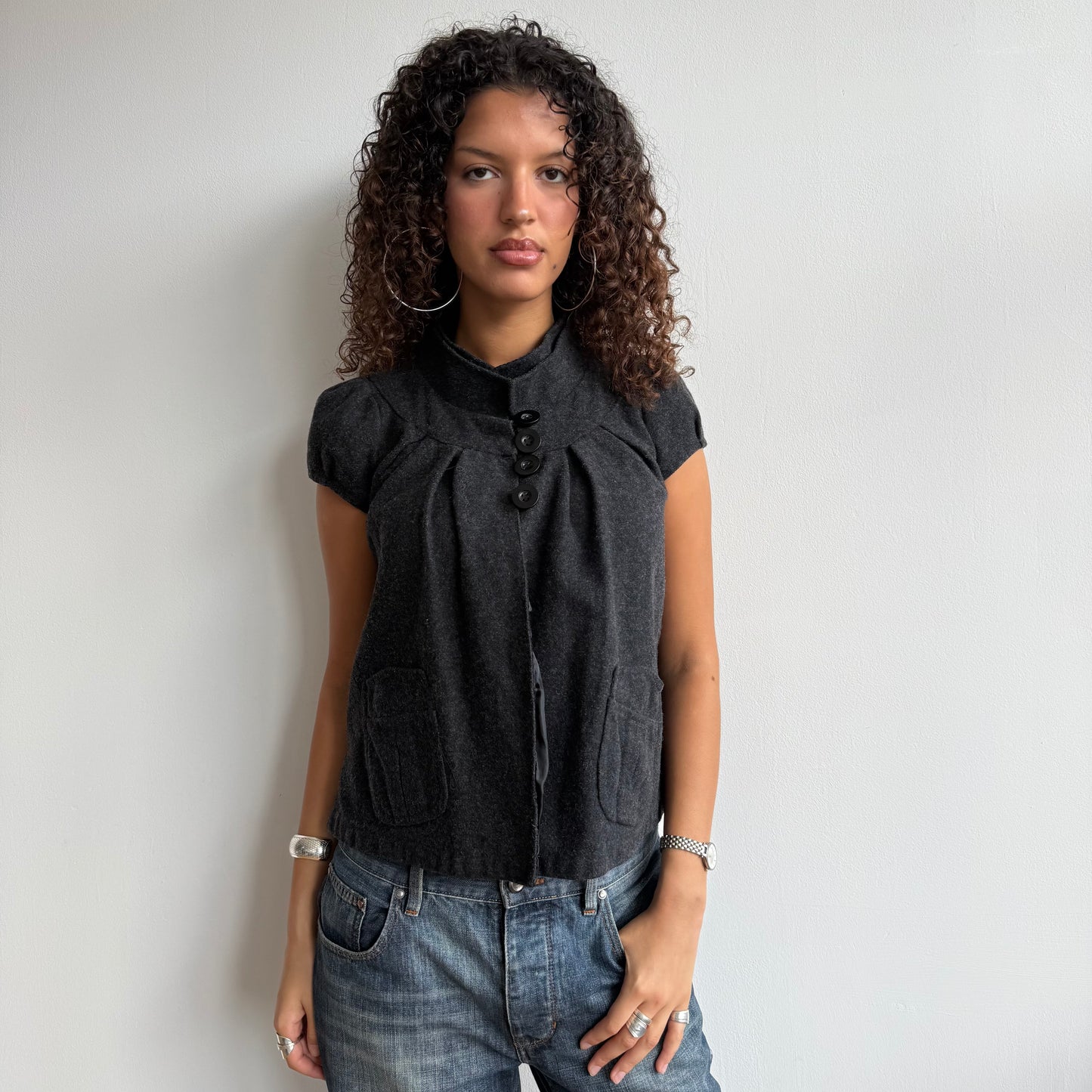 Charcoal short sleeve open peacoat - Size S/M