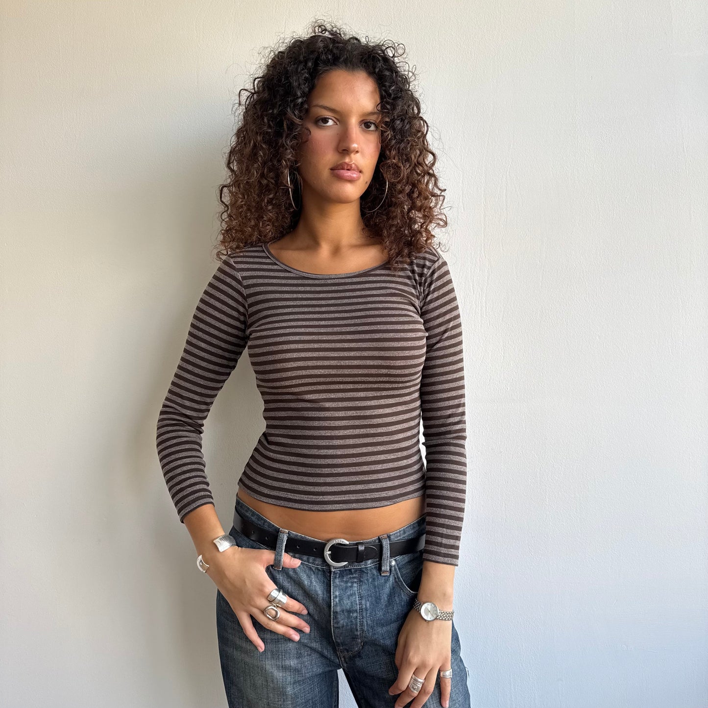 Brown + black striped top - Size XS