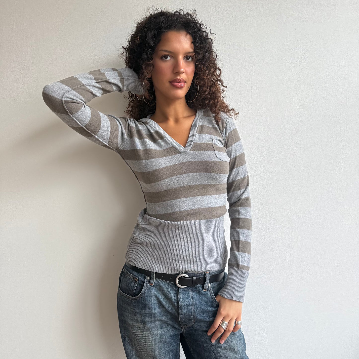 Grey + khaki striped knit hoodie - Size S/M + L