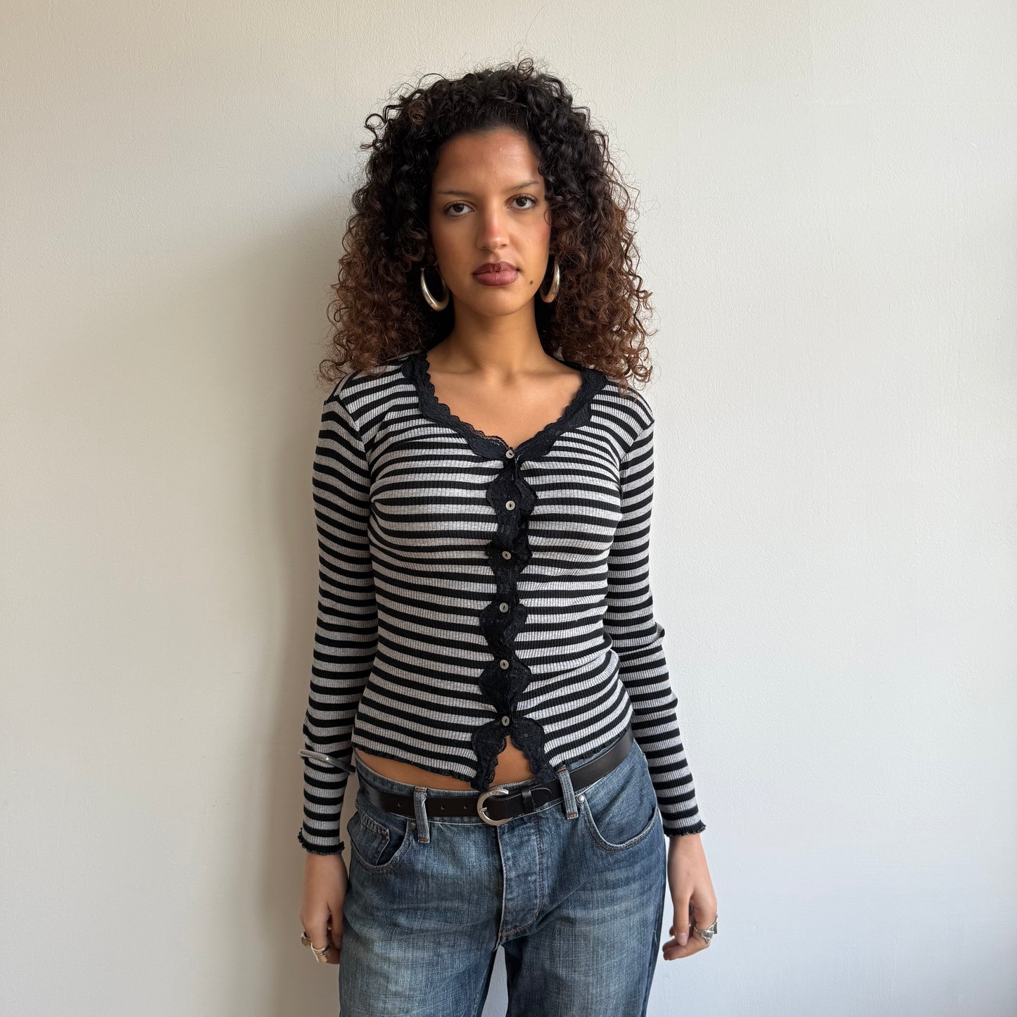 Black + grey striped cardi - Size S