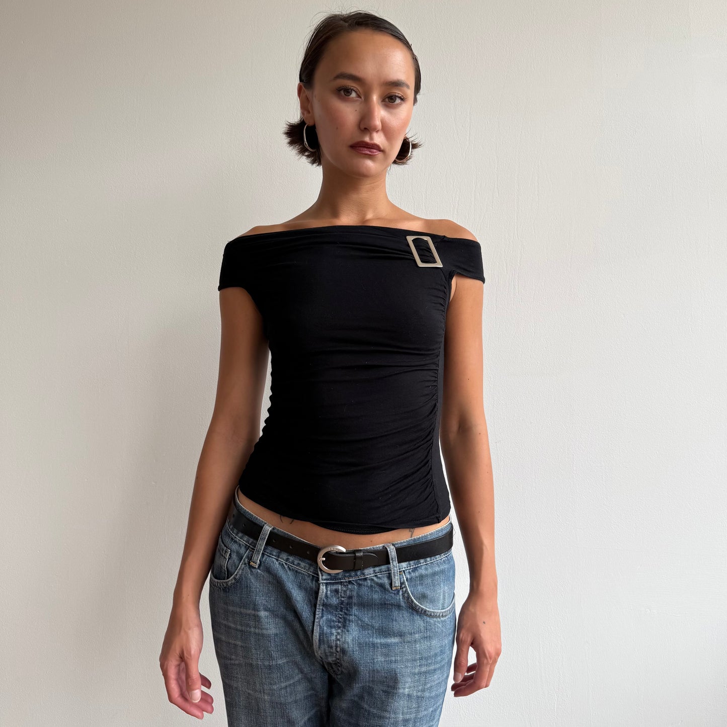 Black bardot buckle tee - Size S