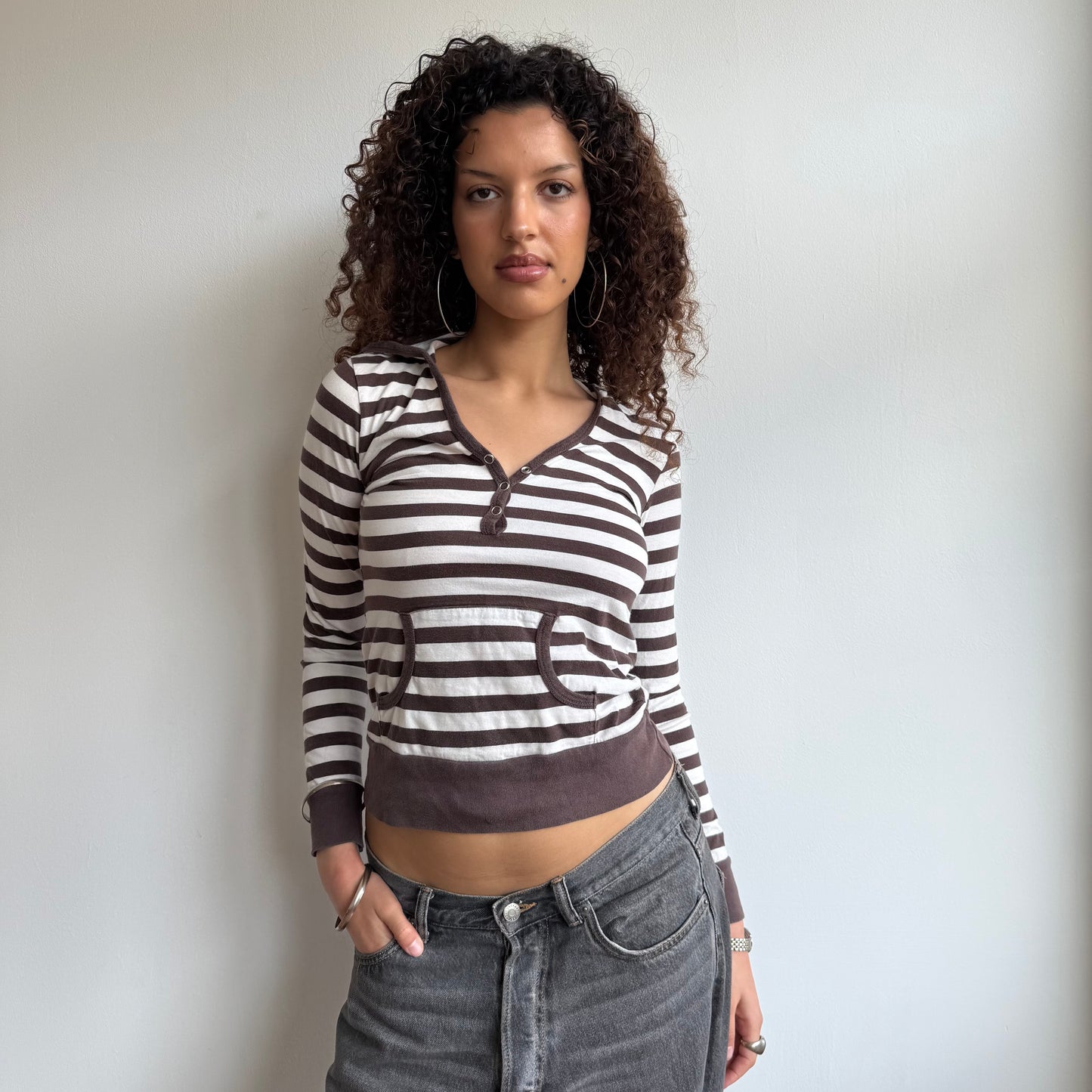 Brown + white striped hooded top - Size S