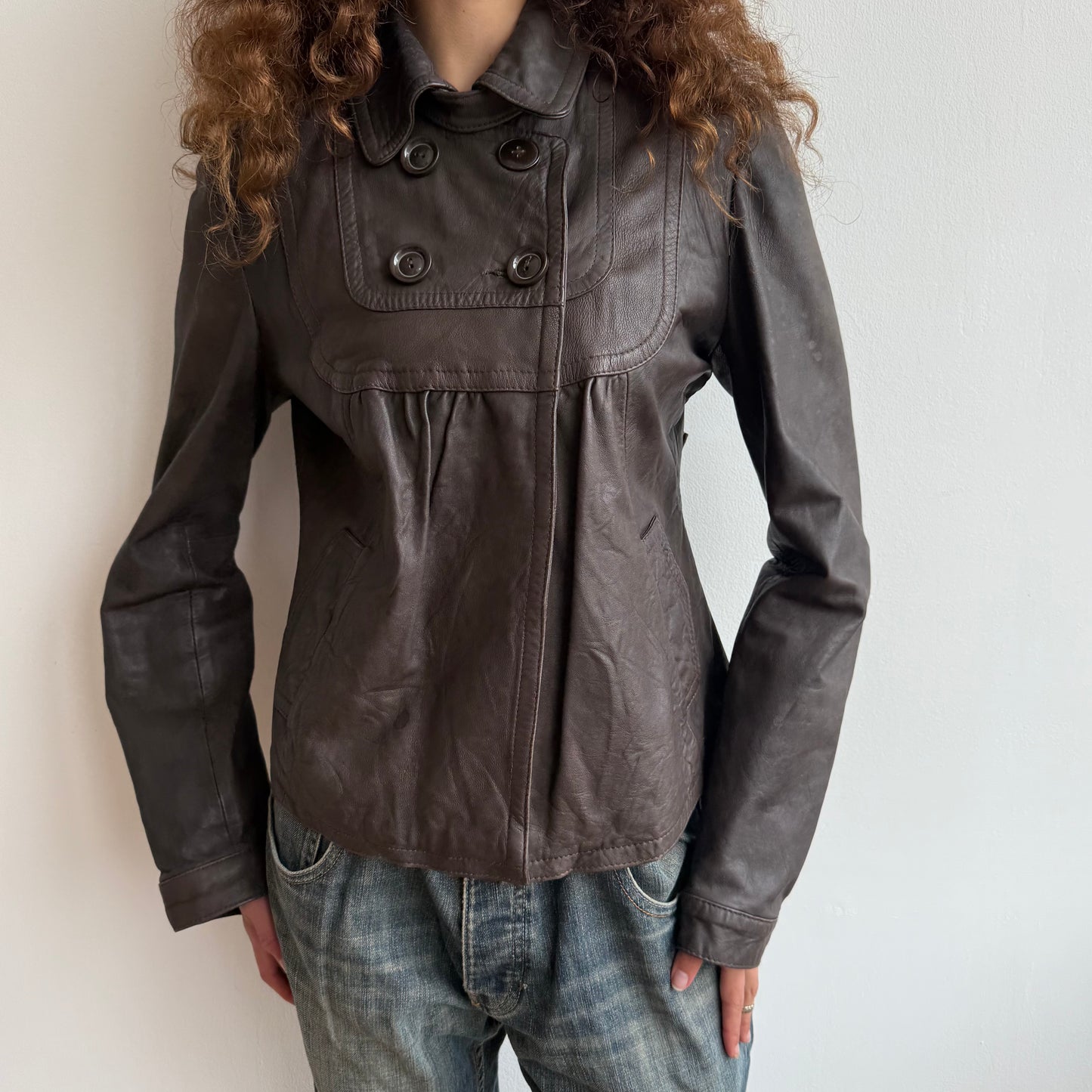 Brown leather peacoat - Size S/M