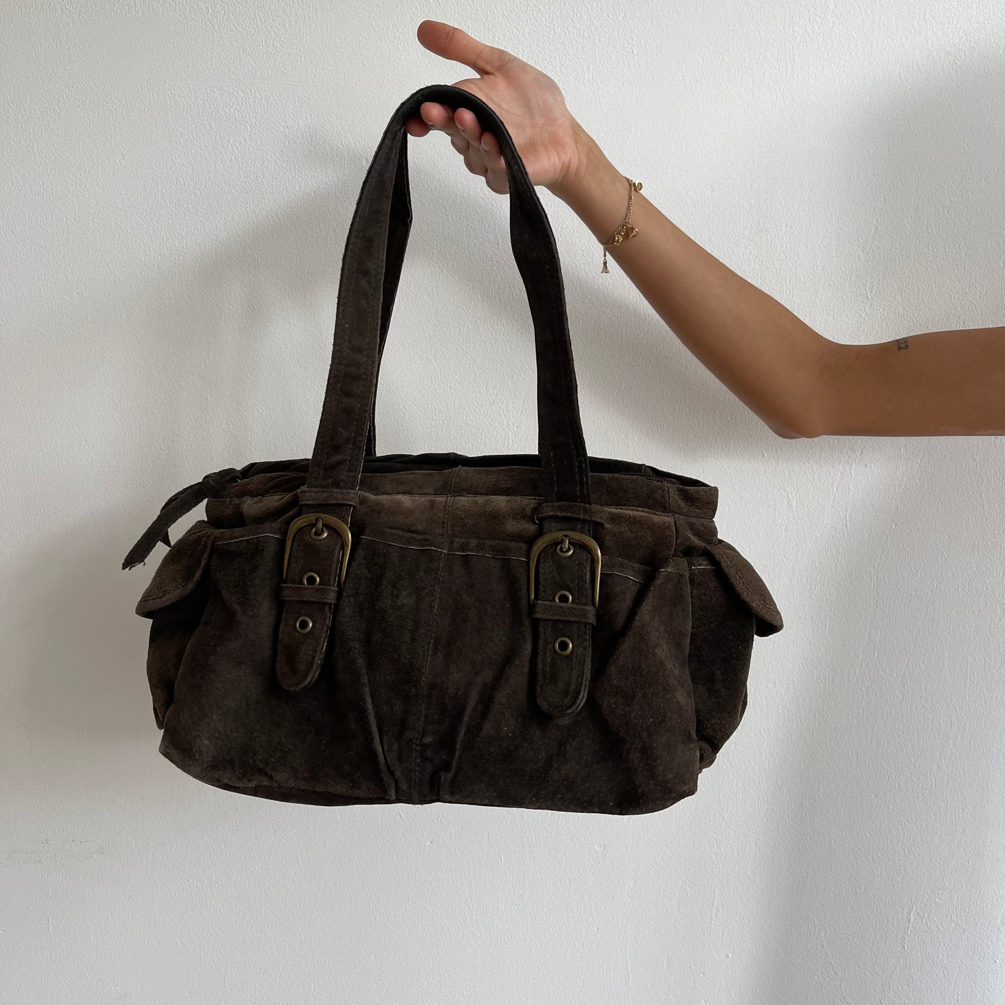 Brown suede buckle bag