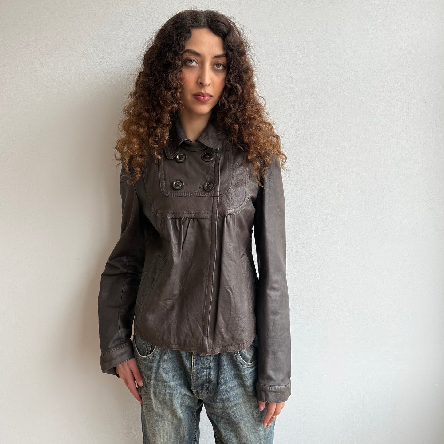 Brown leather peacoat - Size S/M