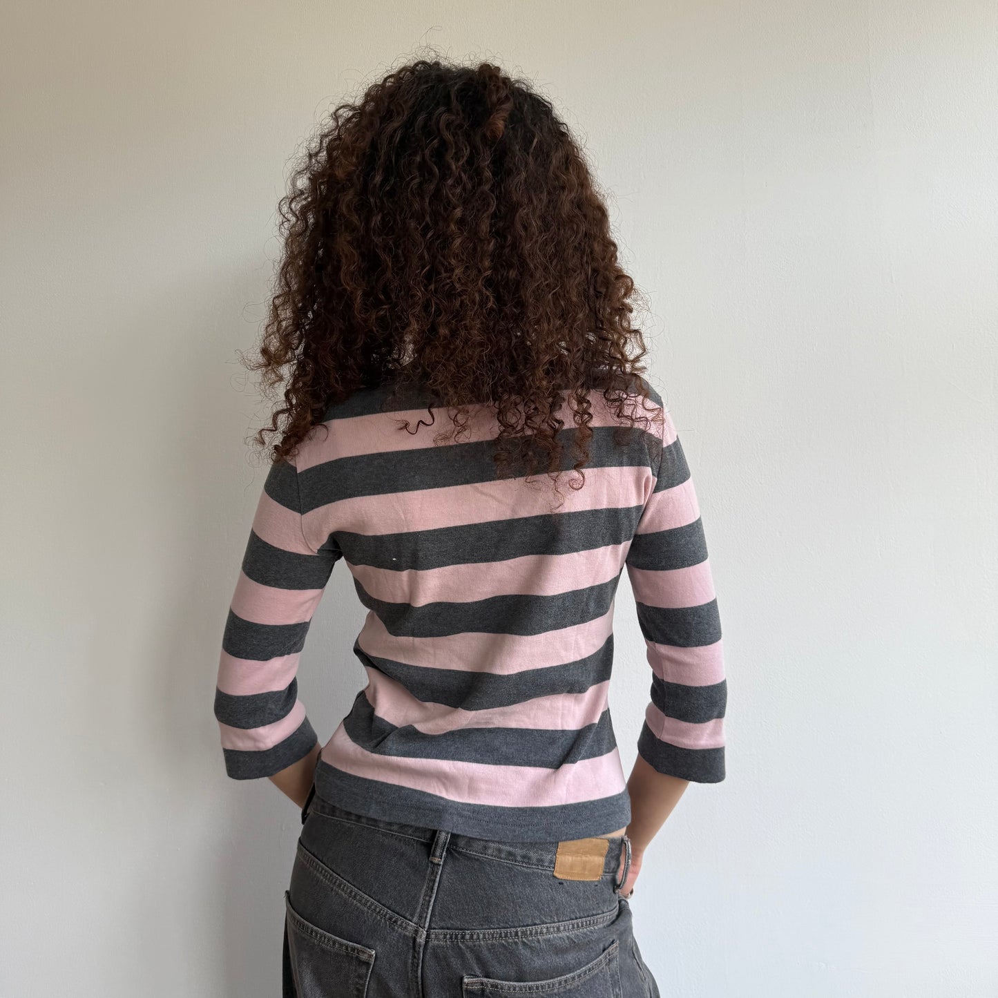Grey + pink striped top - Size M