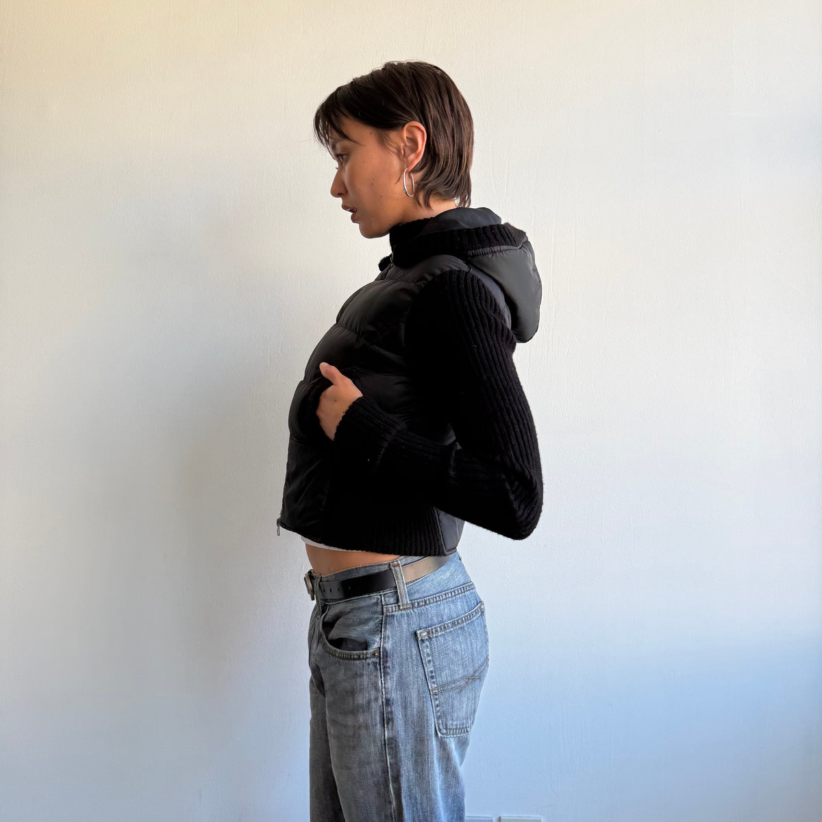 Black bi-material puffer coat - Size S