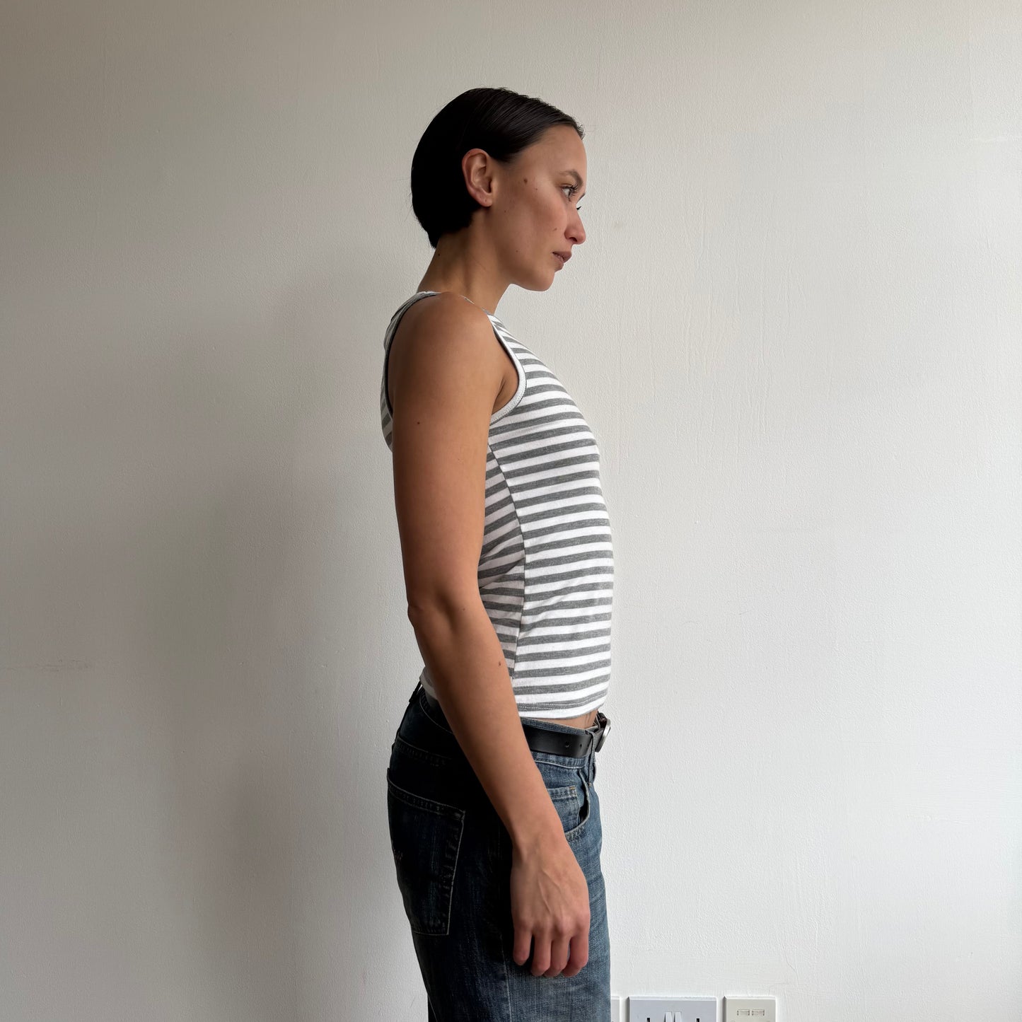 Grey + white striped top - Size S-M
