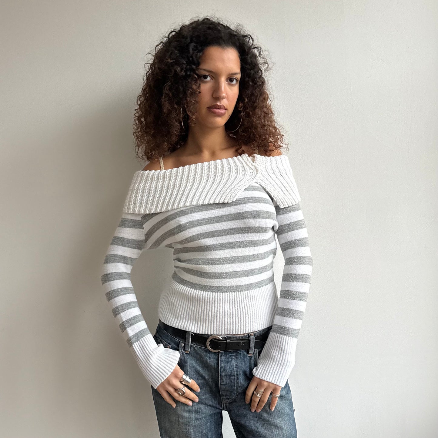 Grey + white bardot knit - Size M