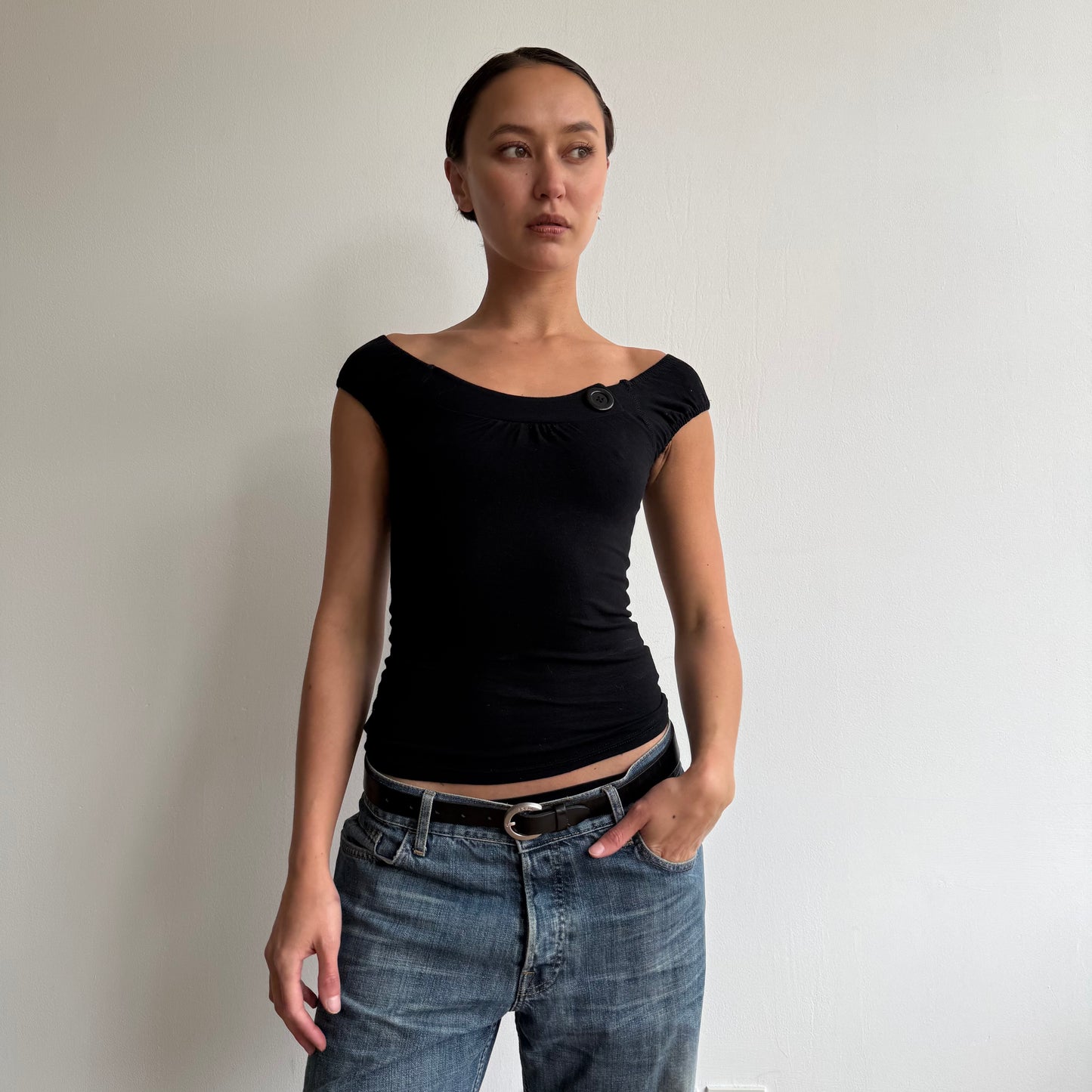 Black button bardot top - Size XS + S
