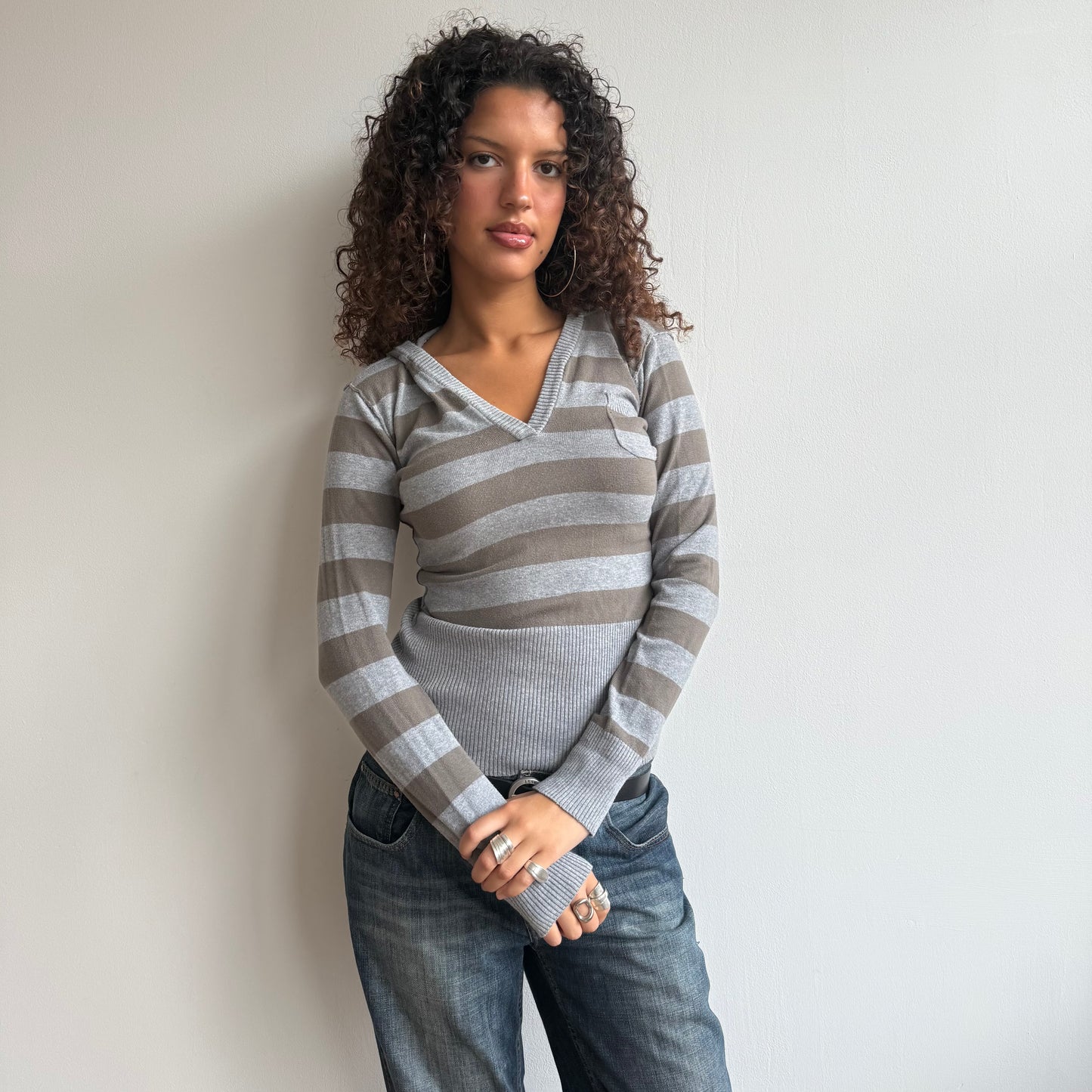 Grey + khaki striped knit hoodie - Size S/M + L