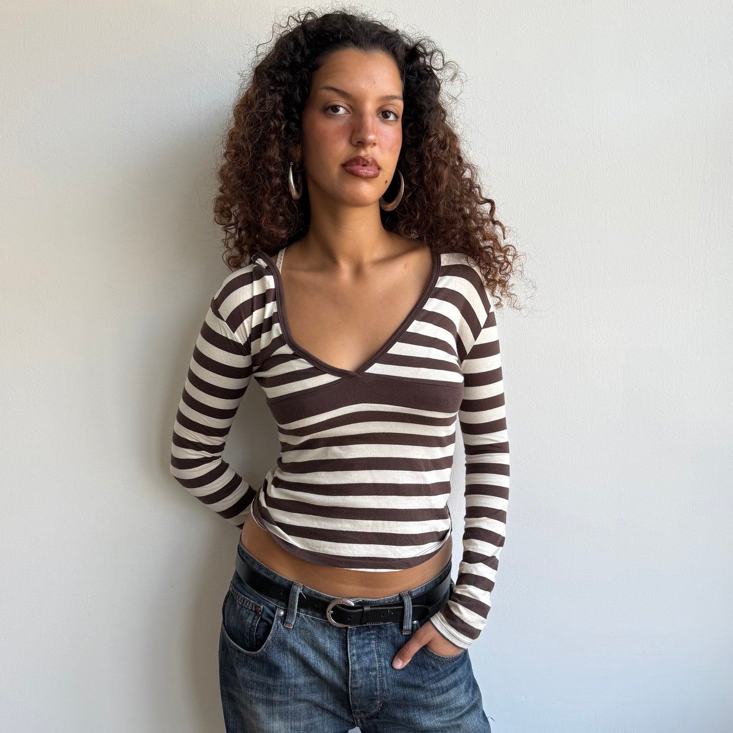 Brown + white striped hooded top - Size S