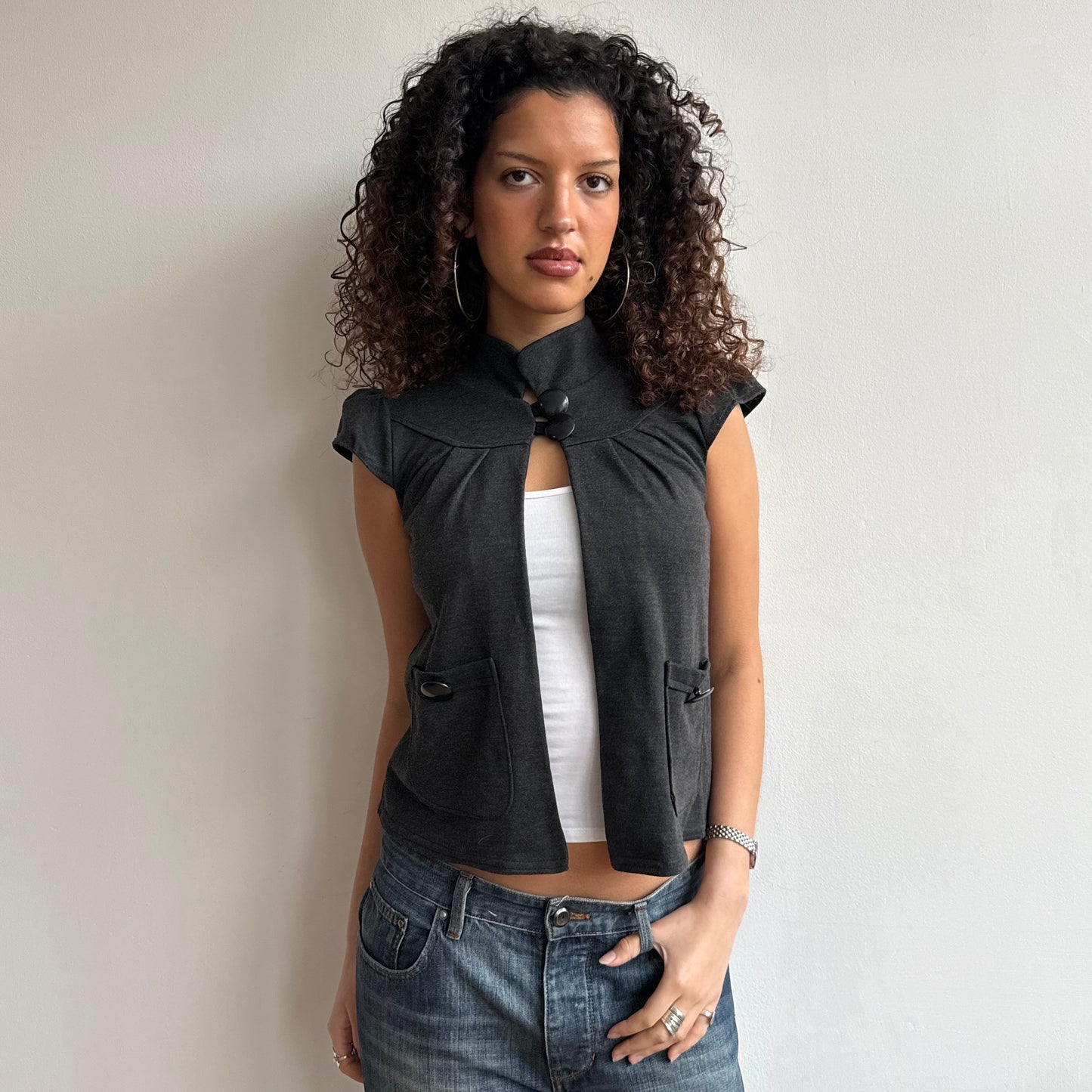 Grey button neck open cardi - Size S