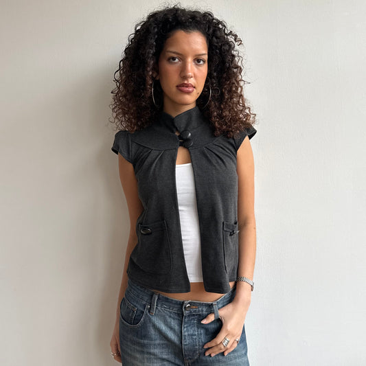 Grey button neck open cardi - Size S