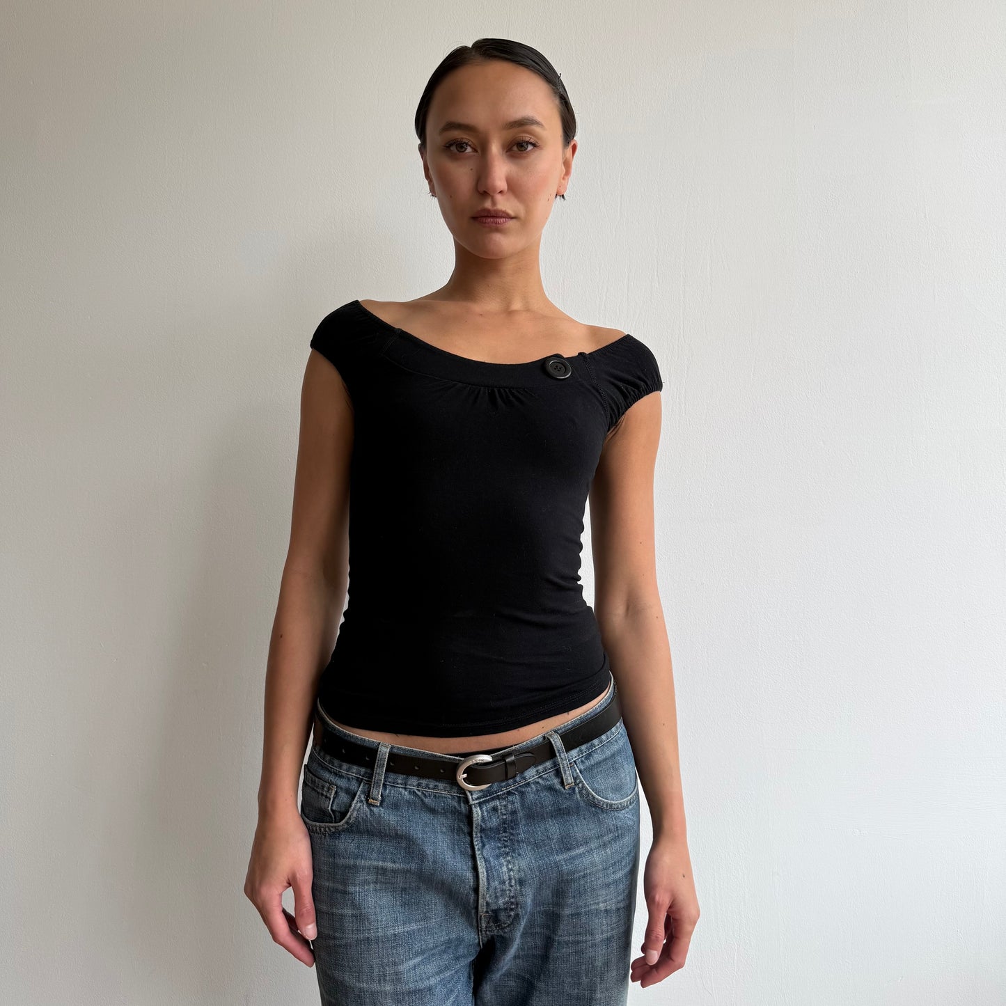 Black button bardot top - Size XS + S