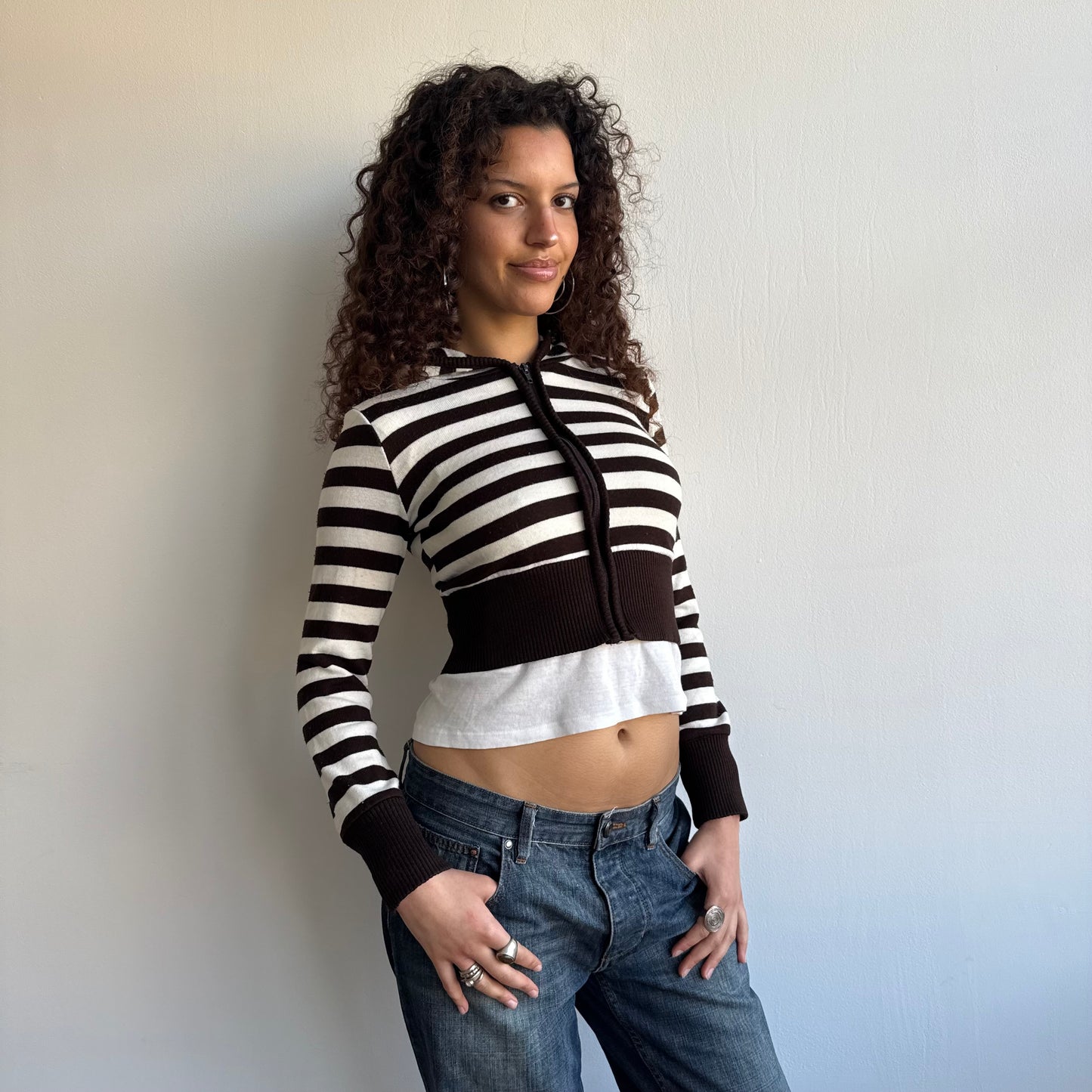Brown and cream striped hoodie - Size S/M