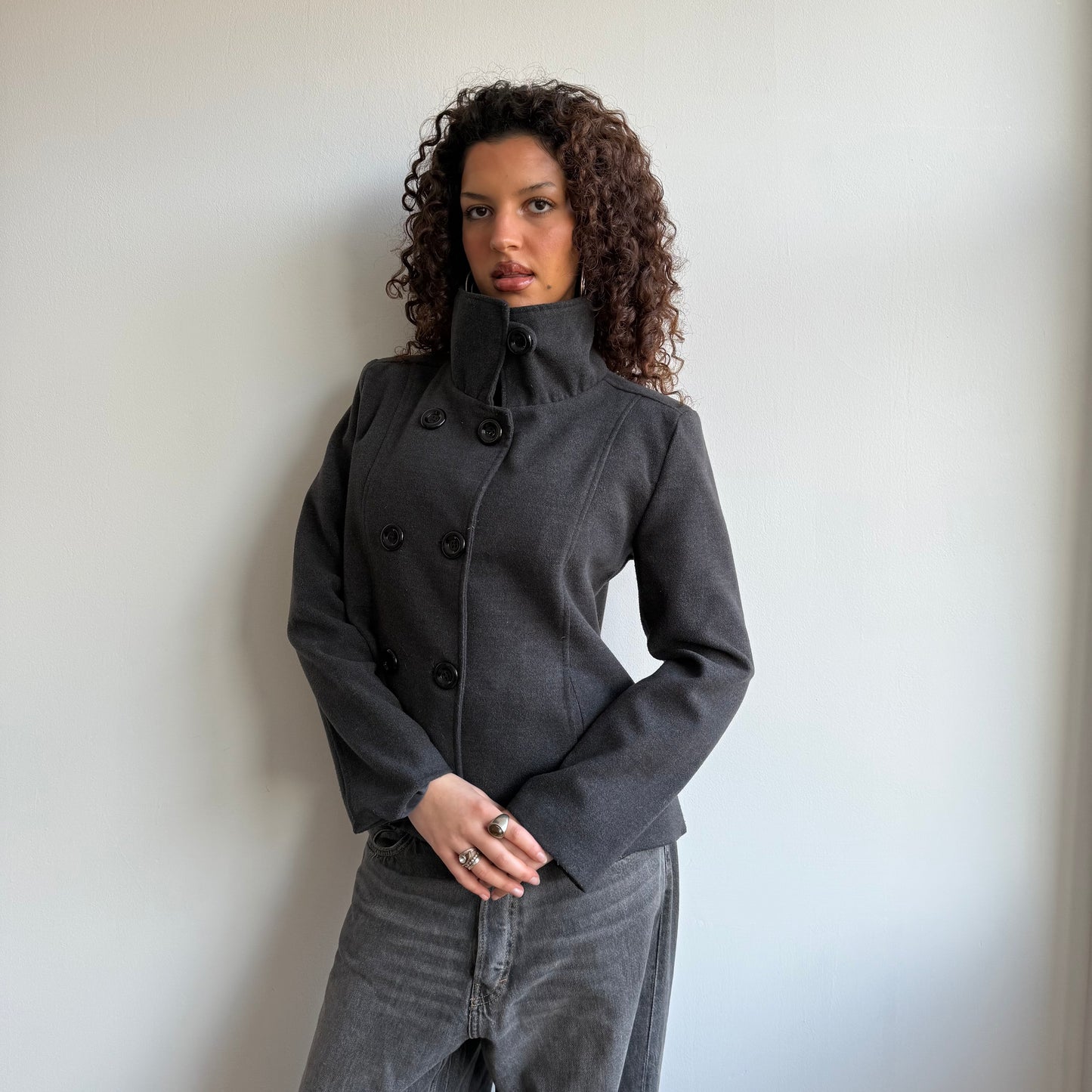 Grey button neck peacoat - Size L