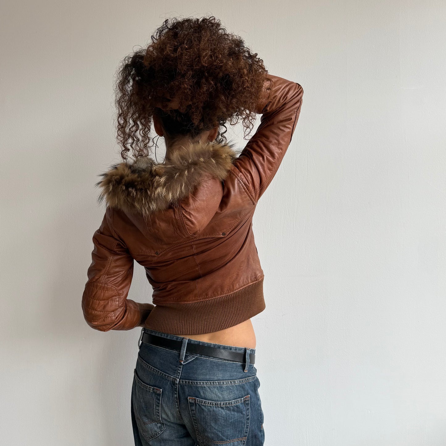 Brown leather real fur bomber - Size M