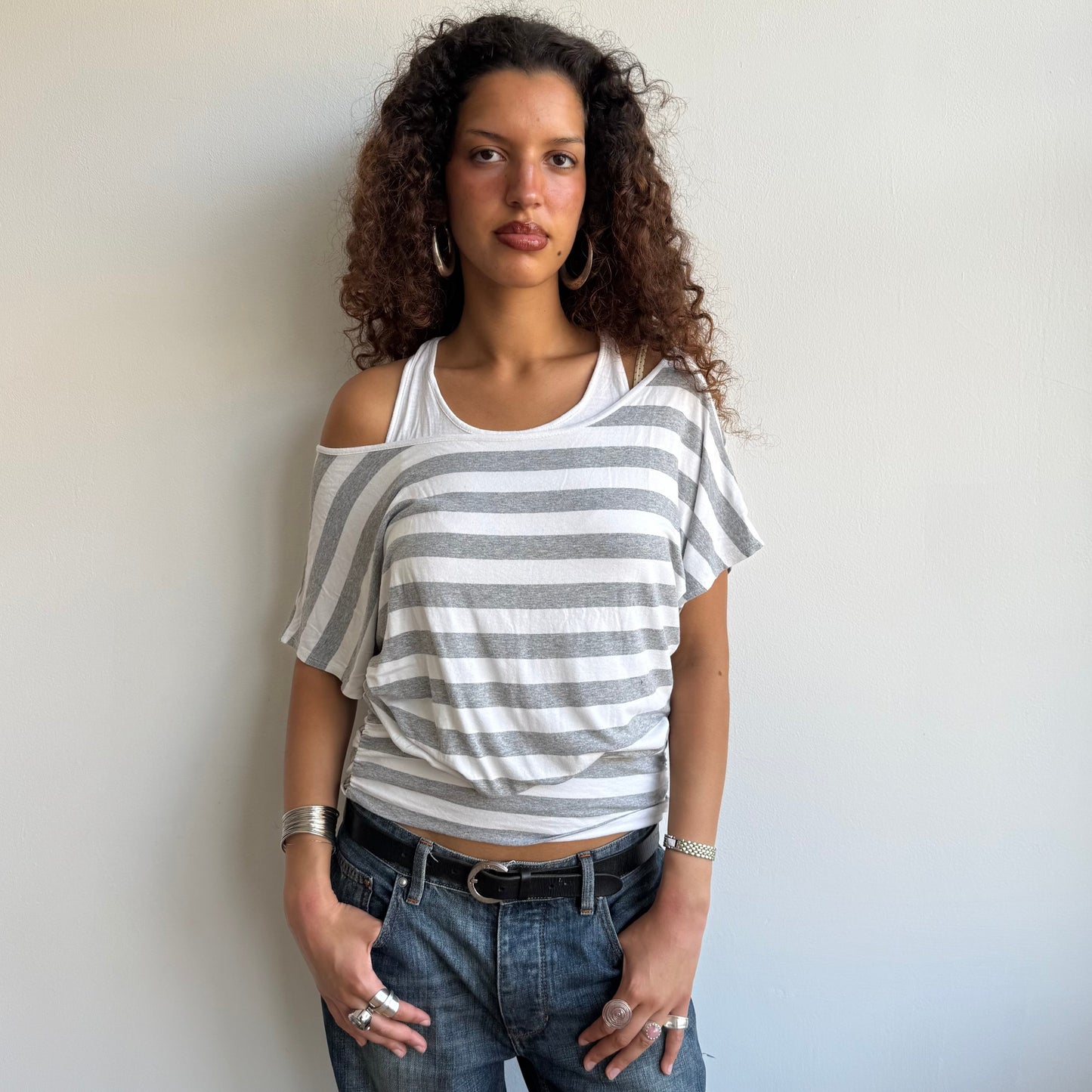 Grey + white striped 2in1 top - Size M