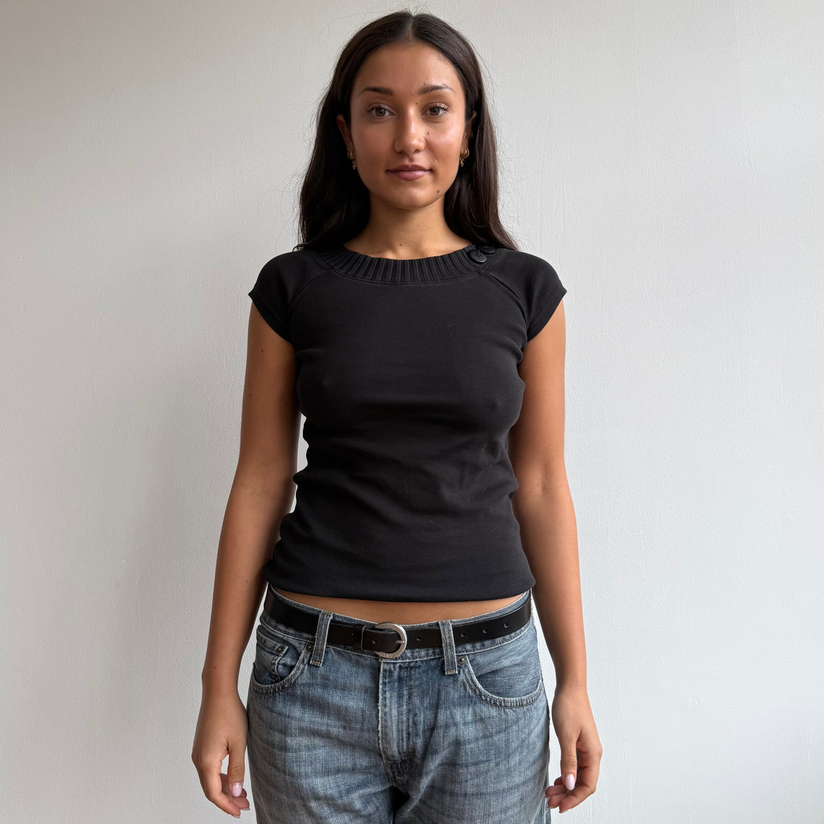 Black short sleeve button top - Size S