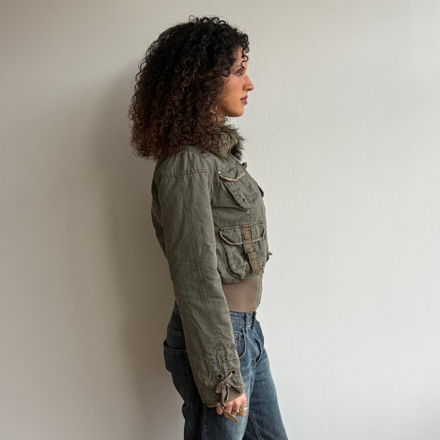 Khaki fur collar cargo bomber - Size M