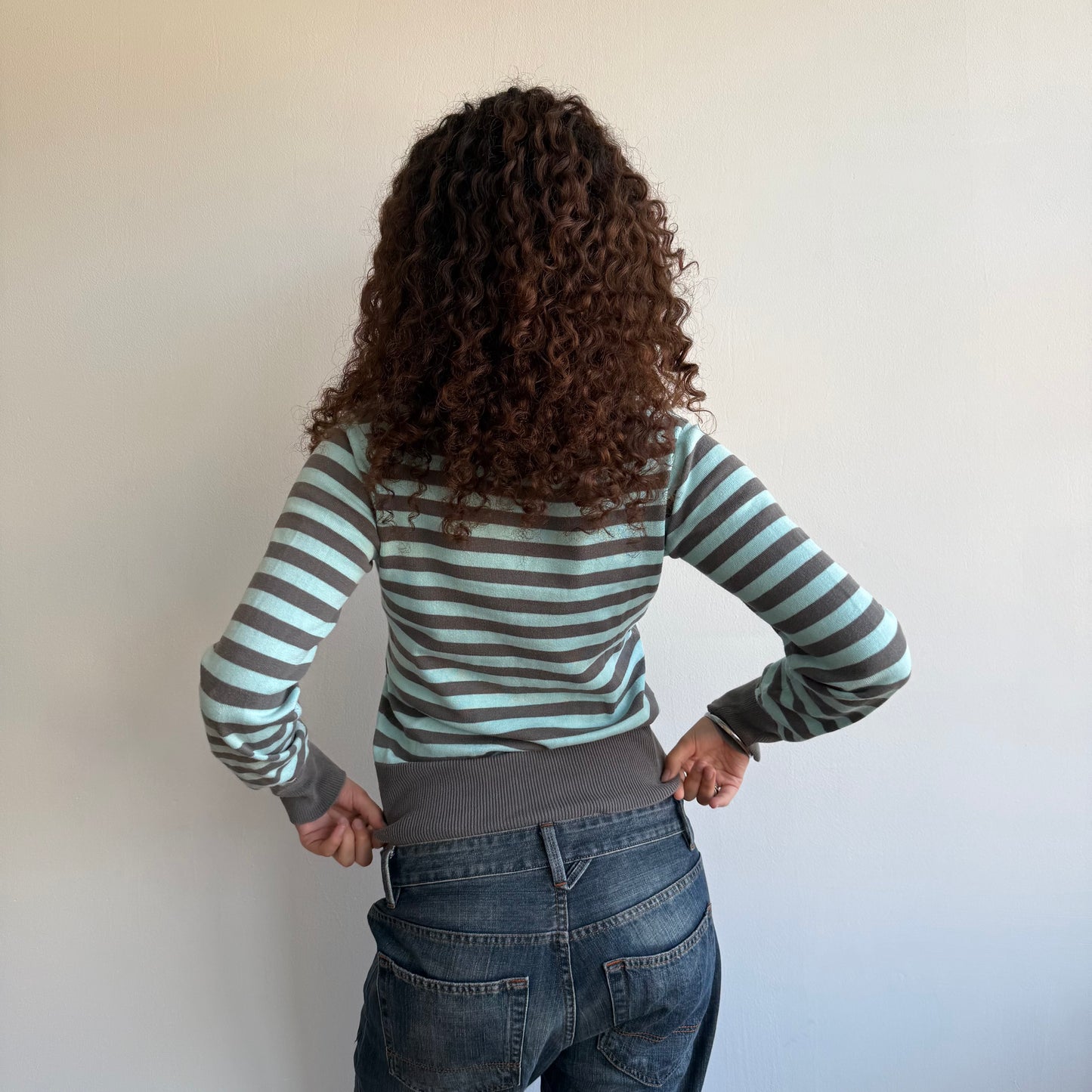 Turquoise + grey striped knit- Size S