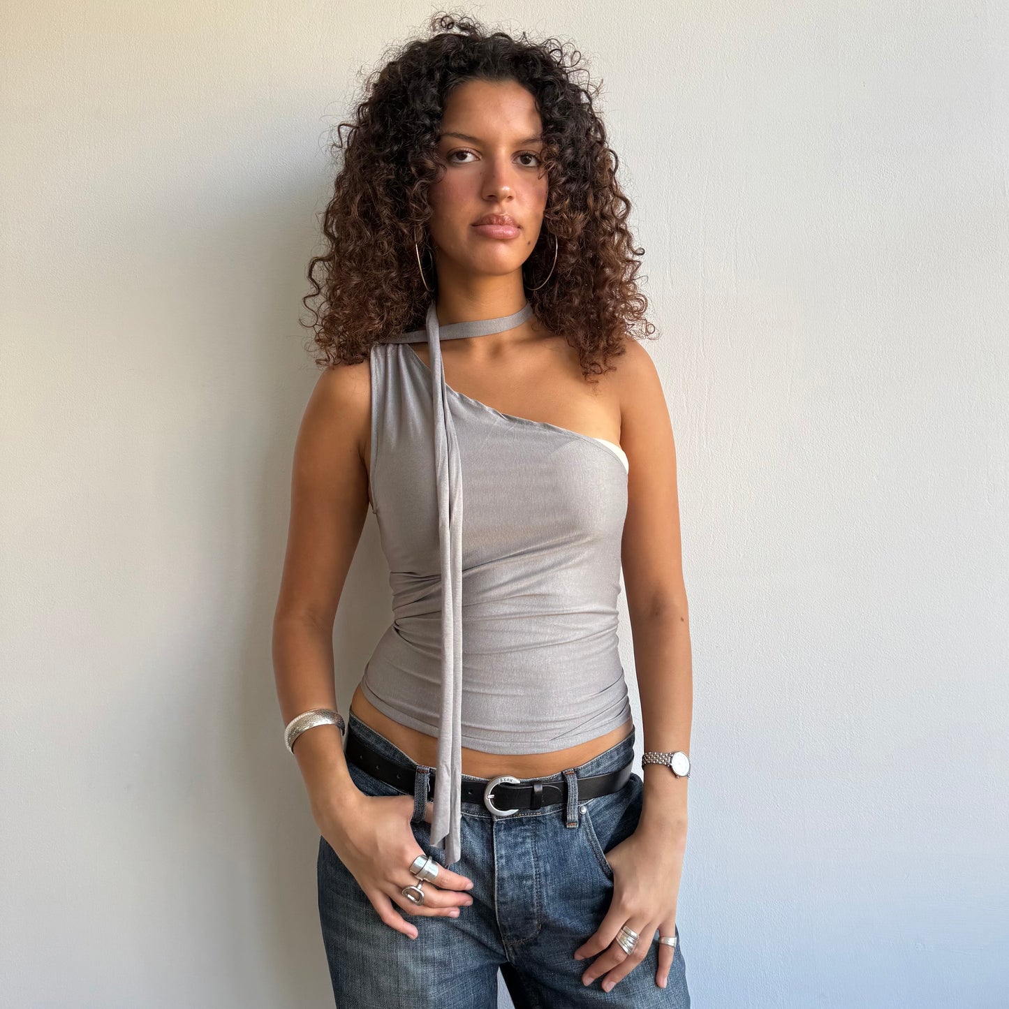 Grey neck tie top - Size XS