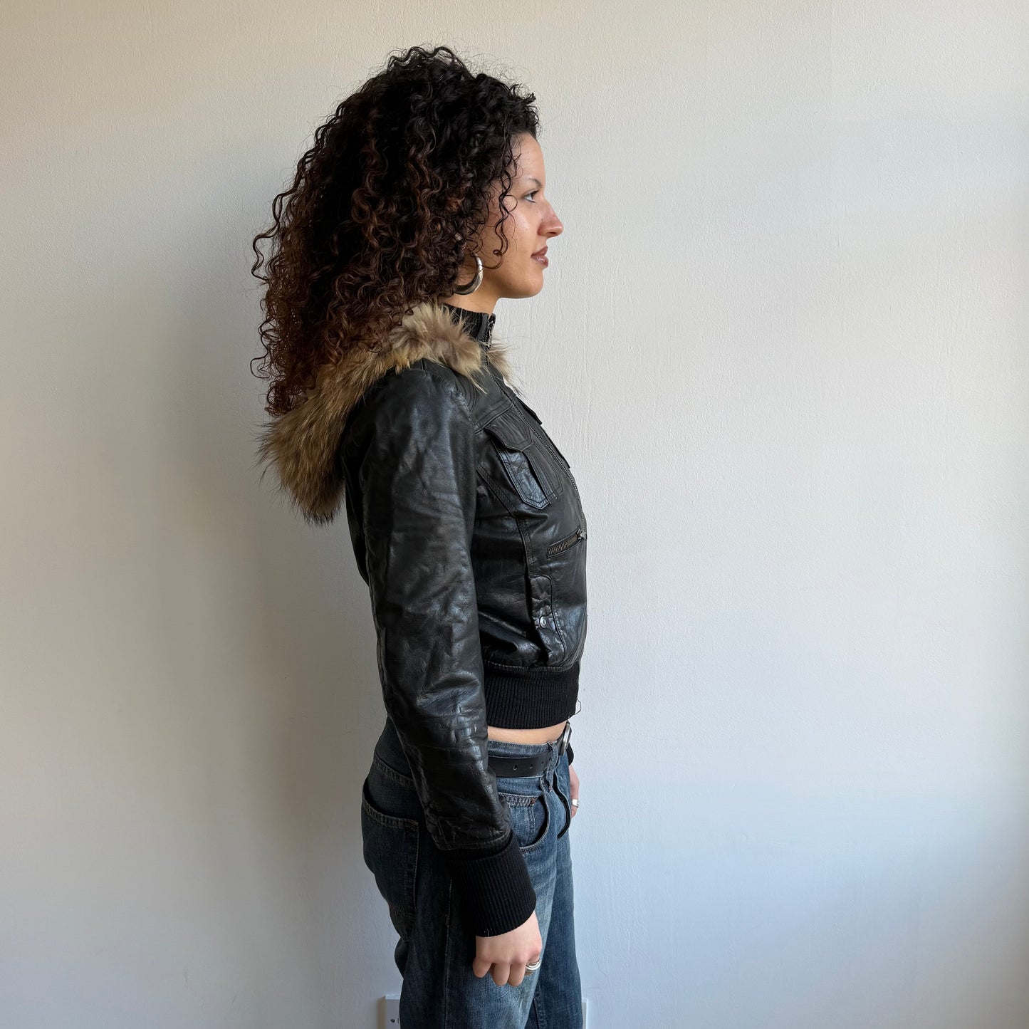 Black leather fur hood zip bomber - Size S/M
