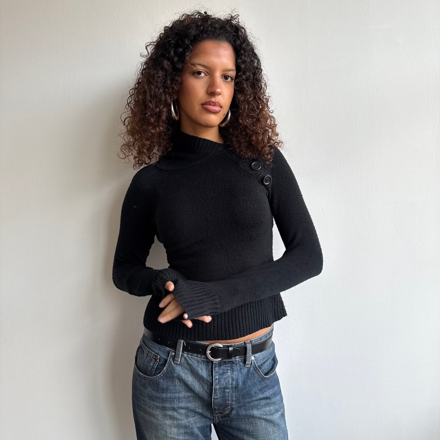 Black button knit hoodie - Size S