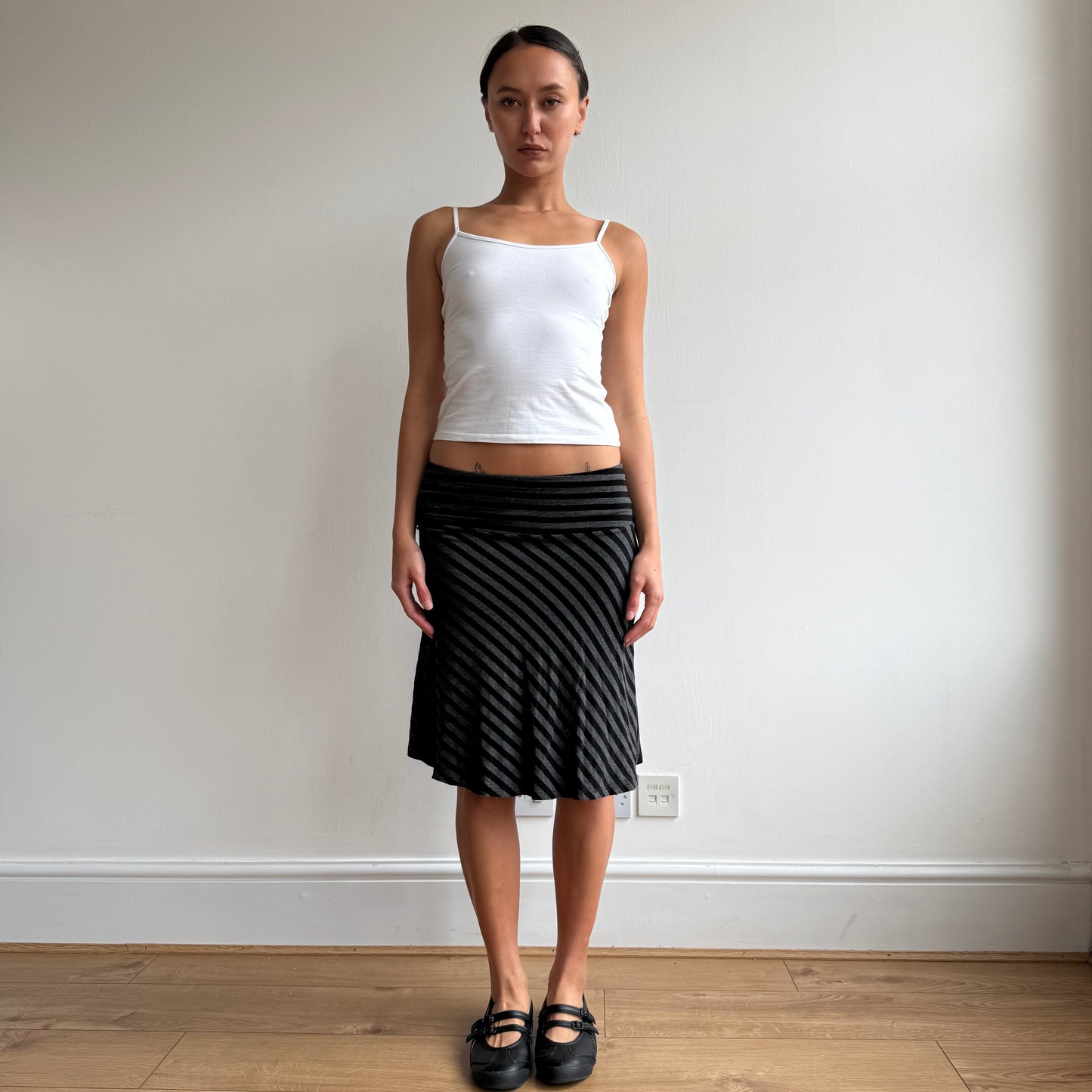 Black + grey striped midi skirt - Size S