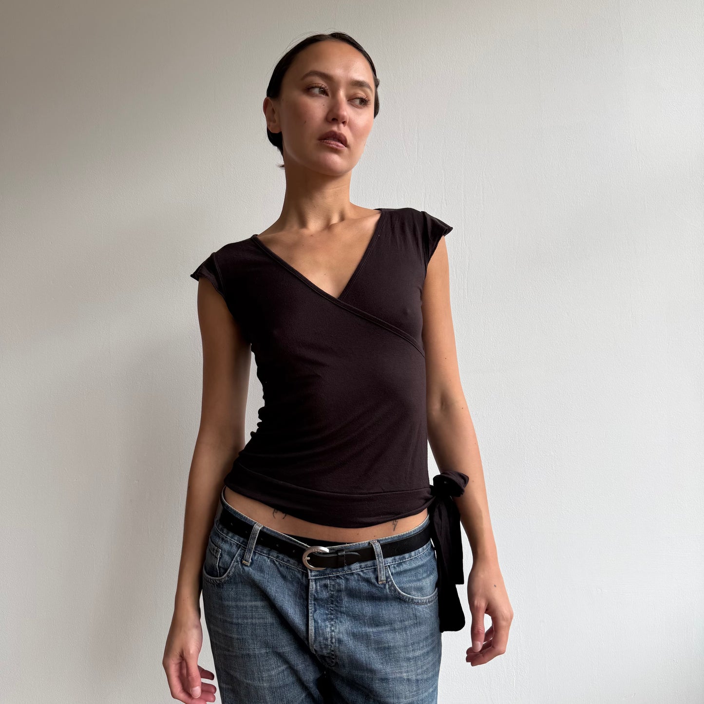 Brown tie side wrap top - Size S