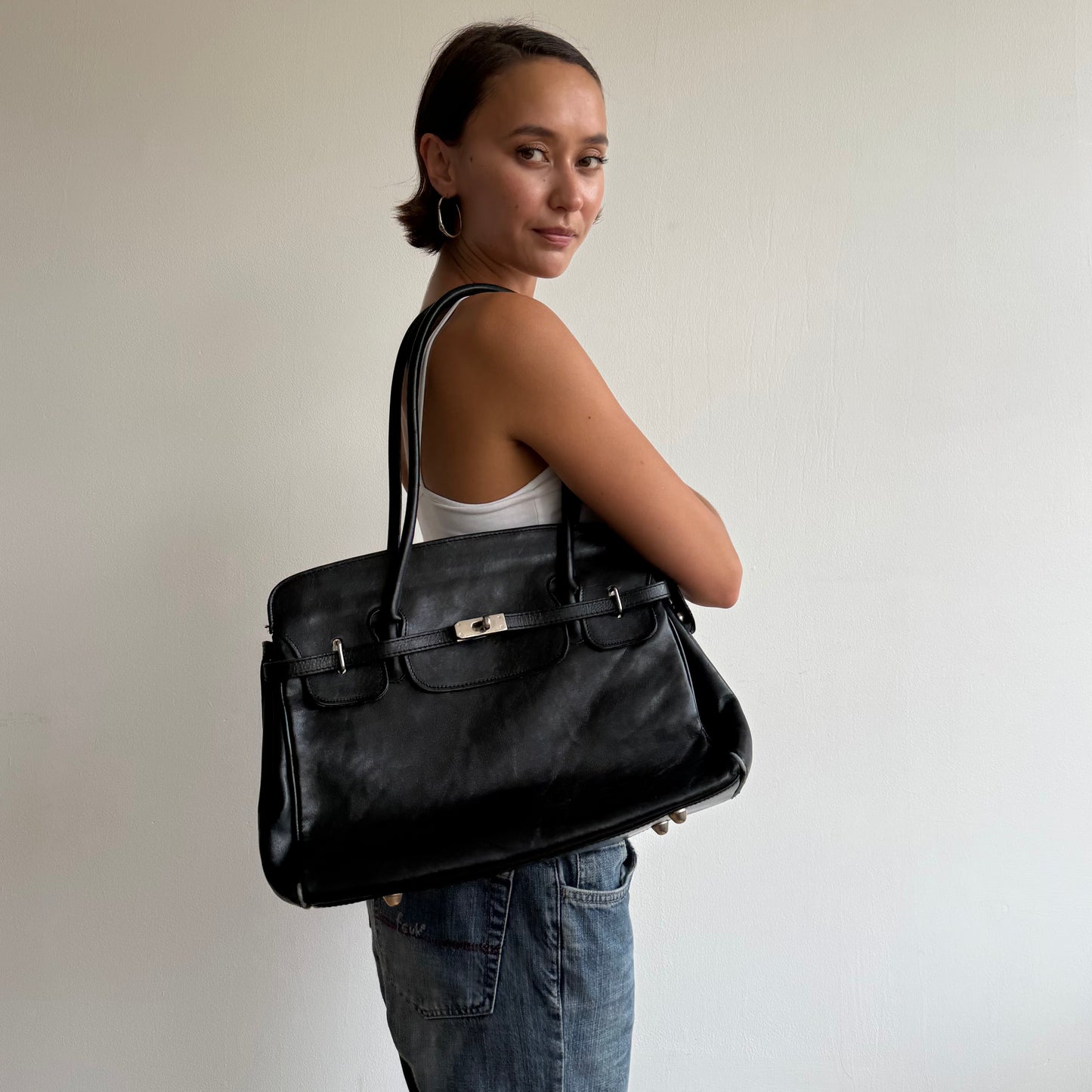 Black leather firkin bag - One Size