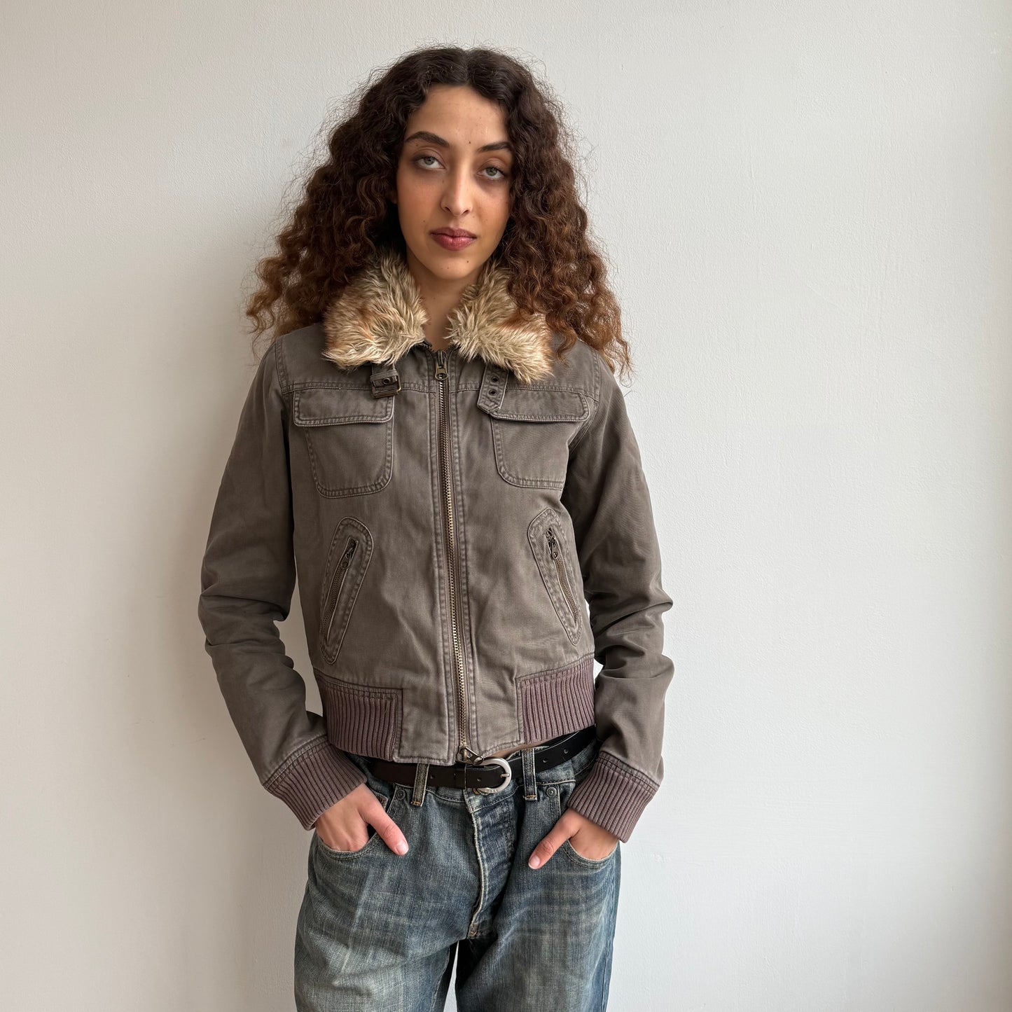 Brown fur collar bomber - Size S