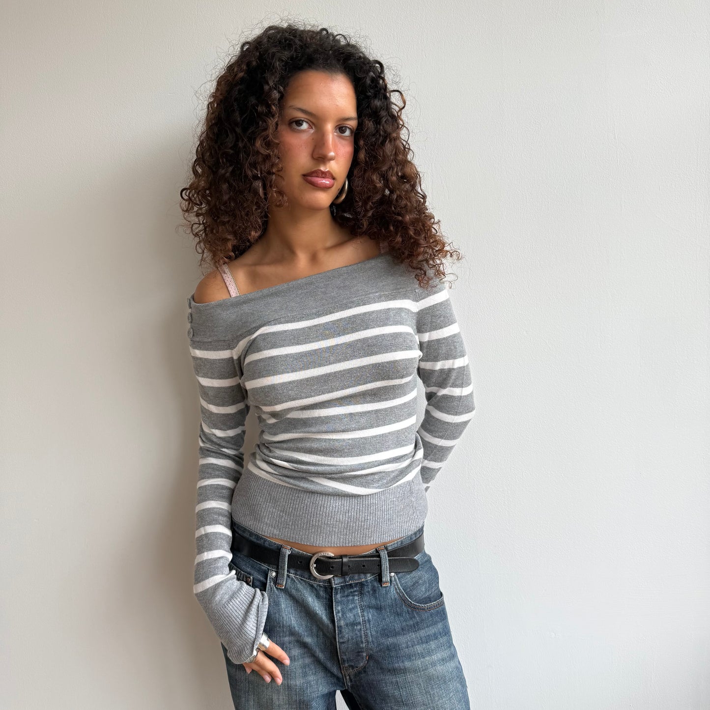 Grey + white striped bardot knit - Size S/M