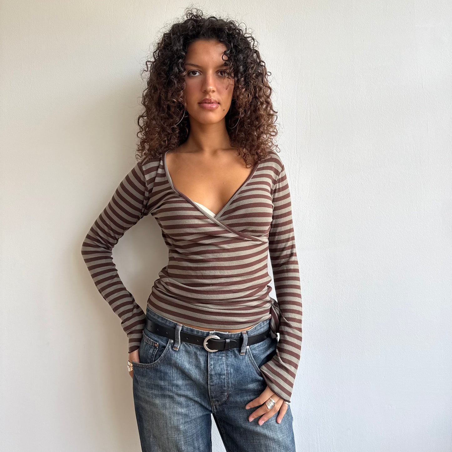 Khaki + brown striped long sleeve top - Size M
