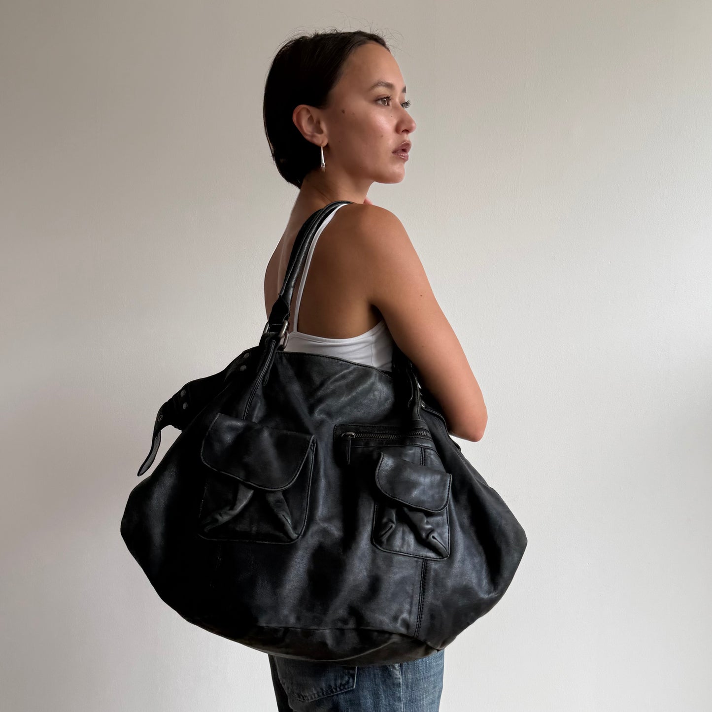 Black leather buckle bag - One Size
