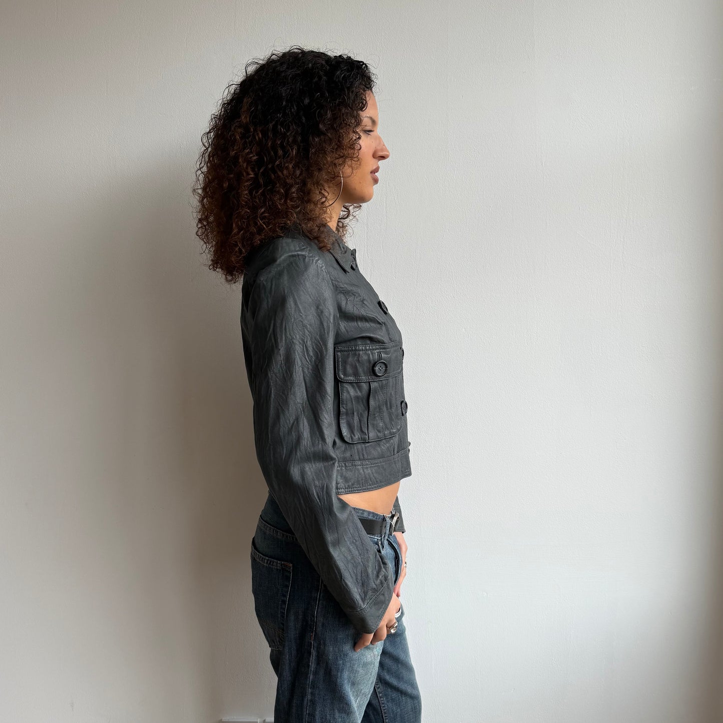 Charcoal leather button jacket - Size S + M