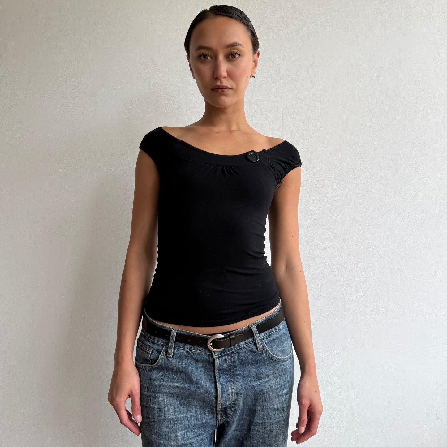 Black button bardot top - Size XS + S