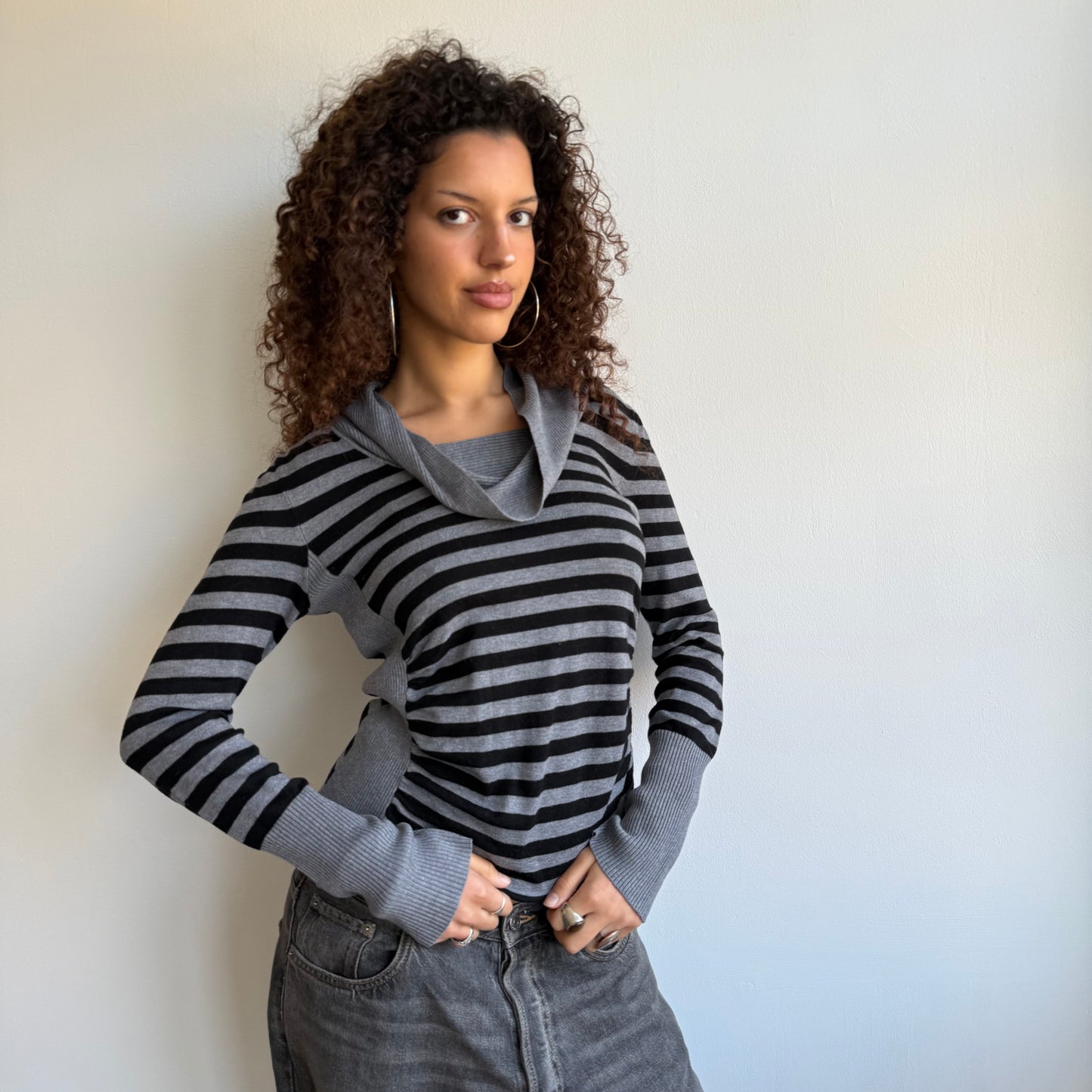 Grey + black striped cowl knit - Size S/M