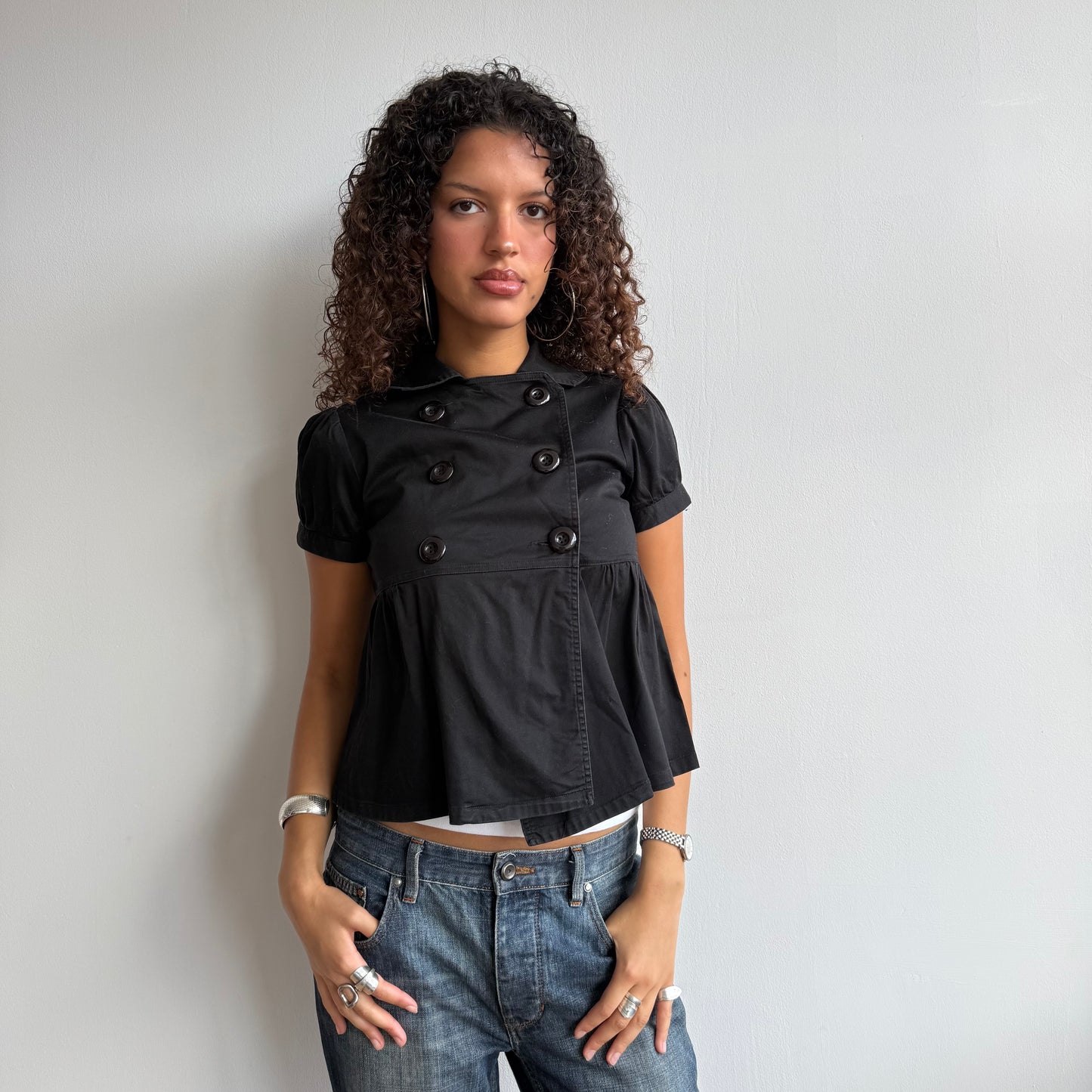 Black double breasted short sleeve peacoat - Size S