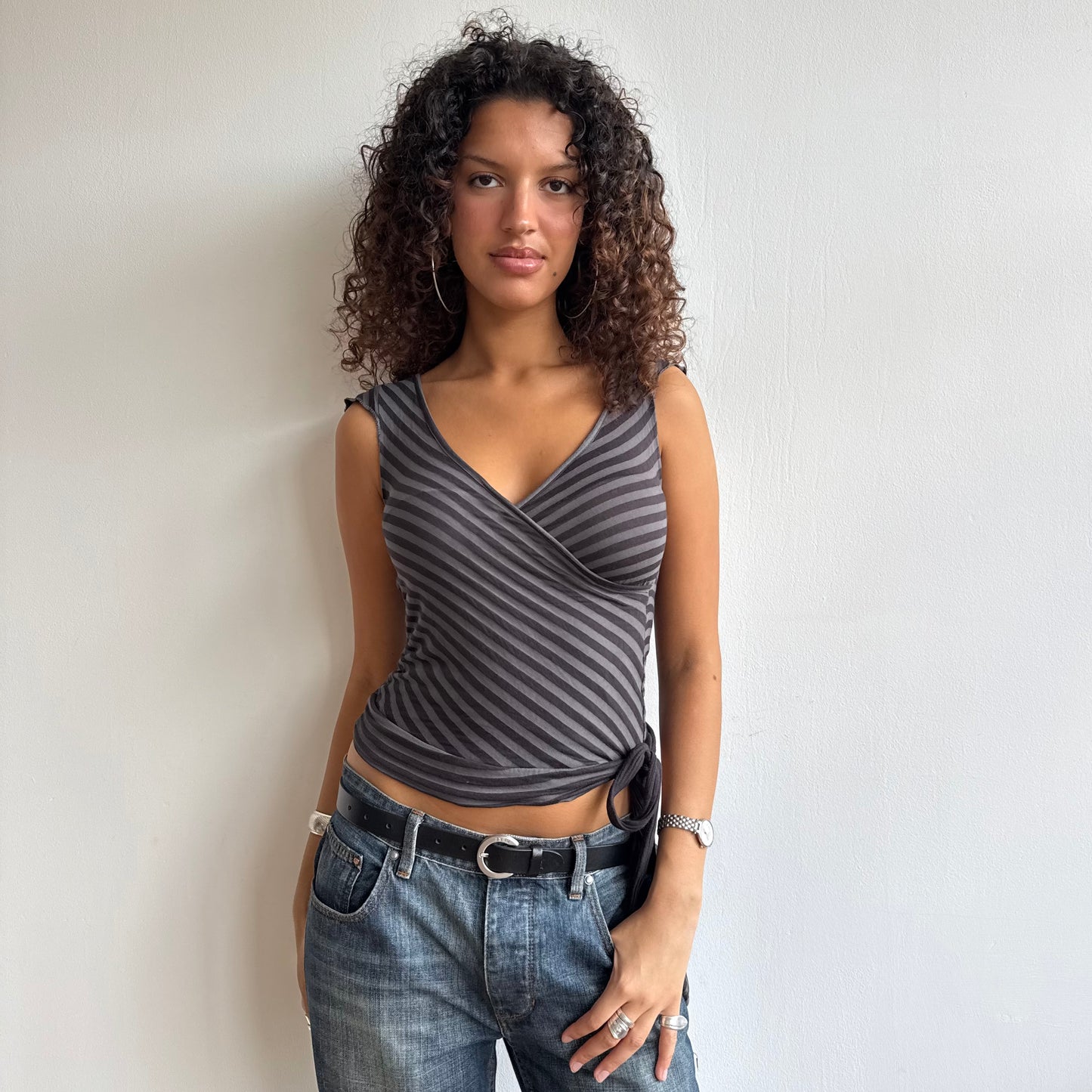 Black + grey stripe wrap top - Size S