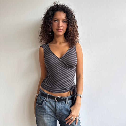 Black + grey stripe wrap top - Size S